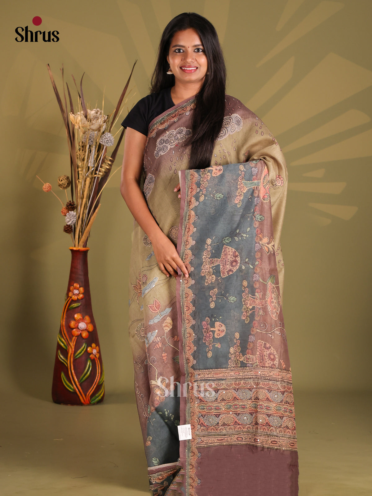 Brown & Grey - Semi Kantha Saree
