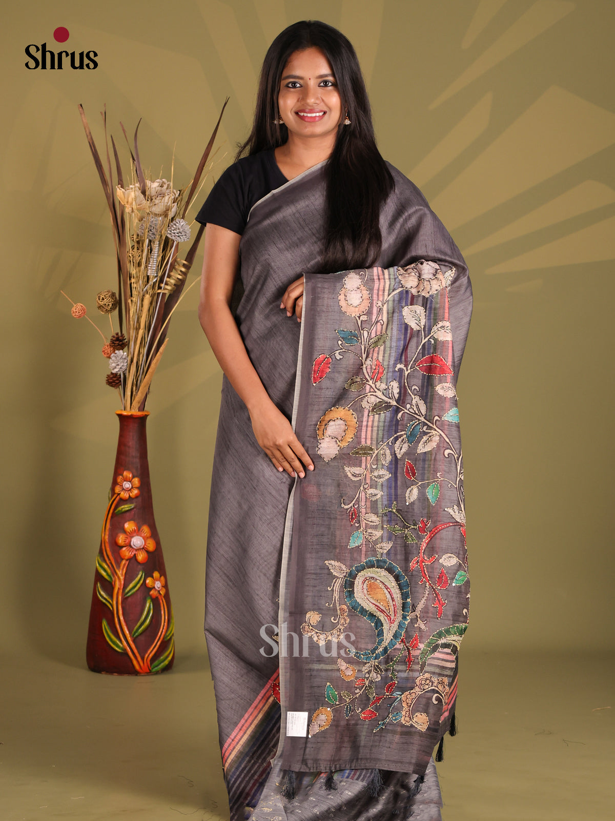 Elephant Black - Semi Kantha Saree - Shop on Shrus.com