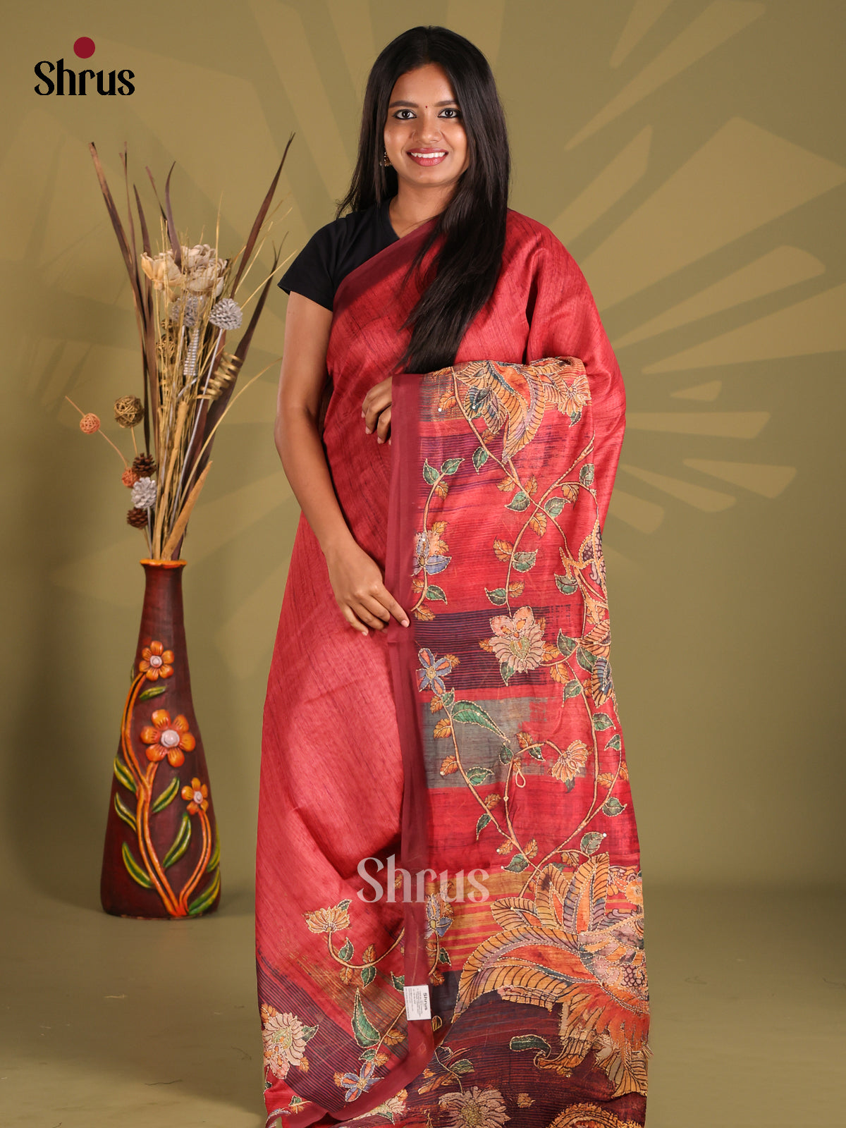 Red - Semi Kantha Saree - Shop on Shrus.com