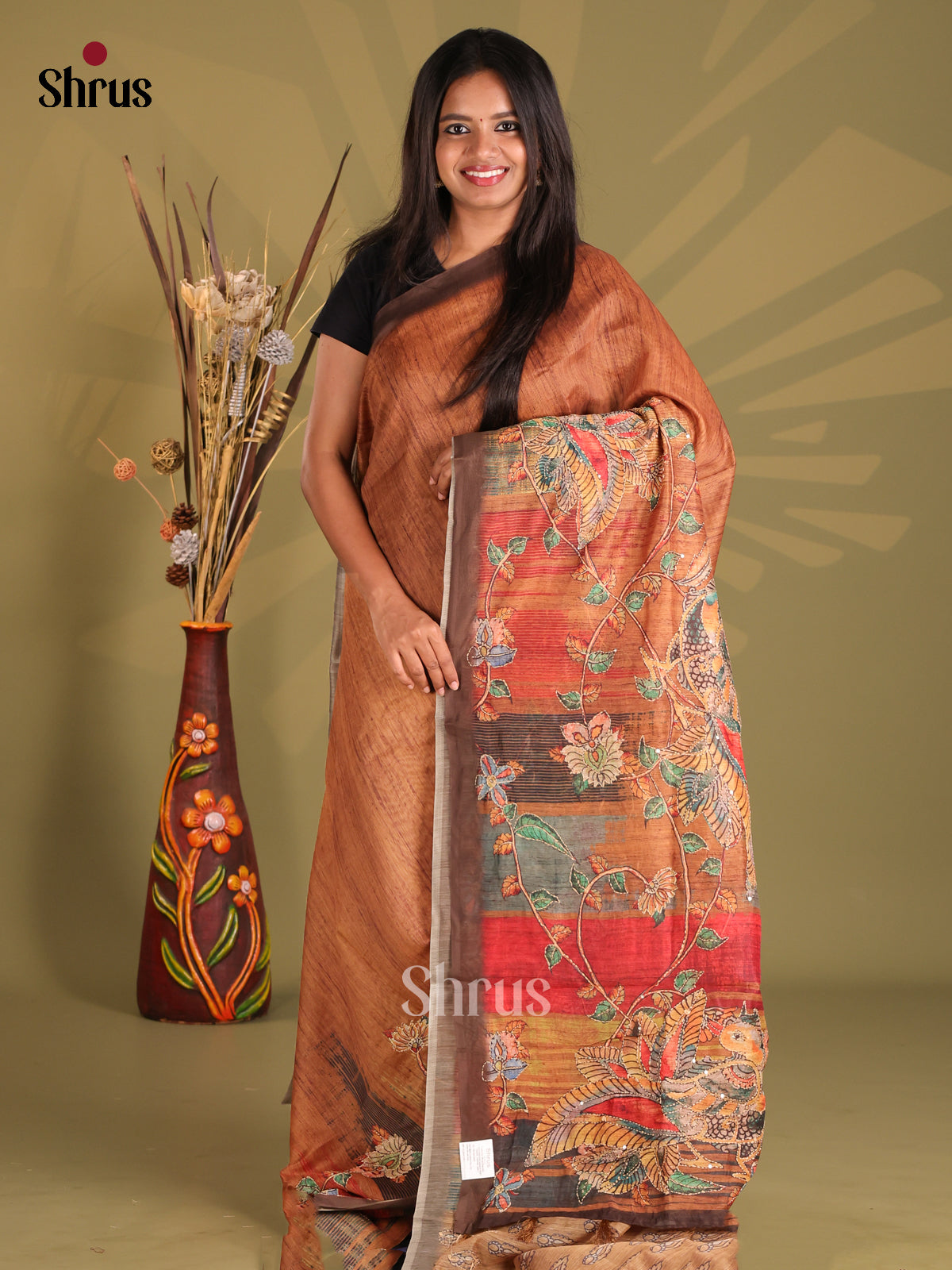 Brown & Red - Semi Kantha Saree