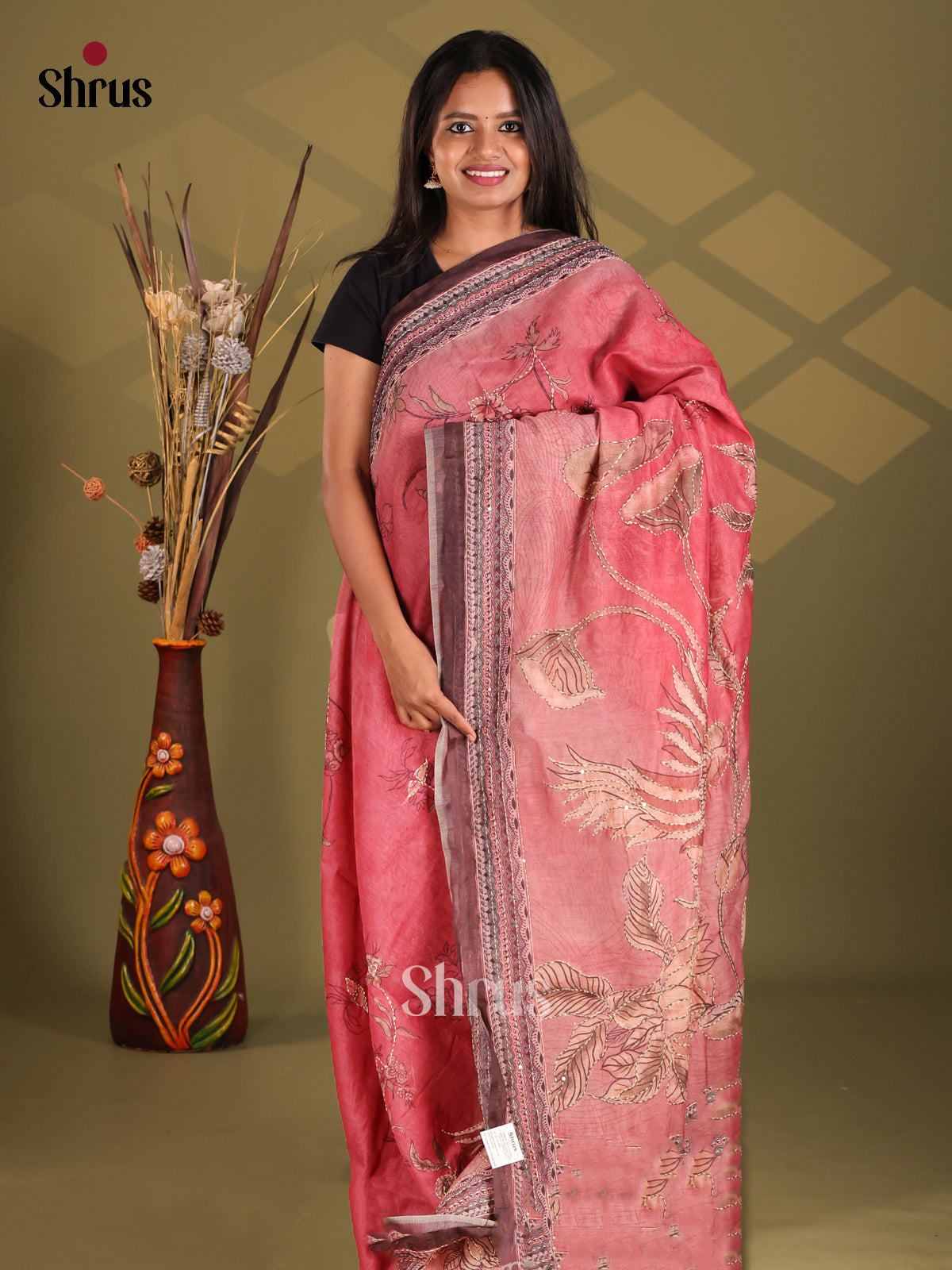 Pink & Brown - Semi Kantha Saree - Shop on Shrus.com