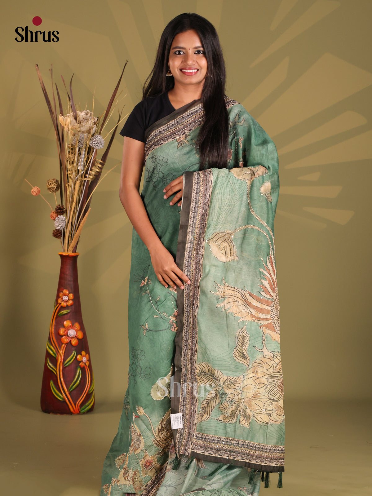 Green & Brown- Semi Kantha Saree