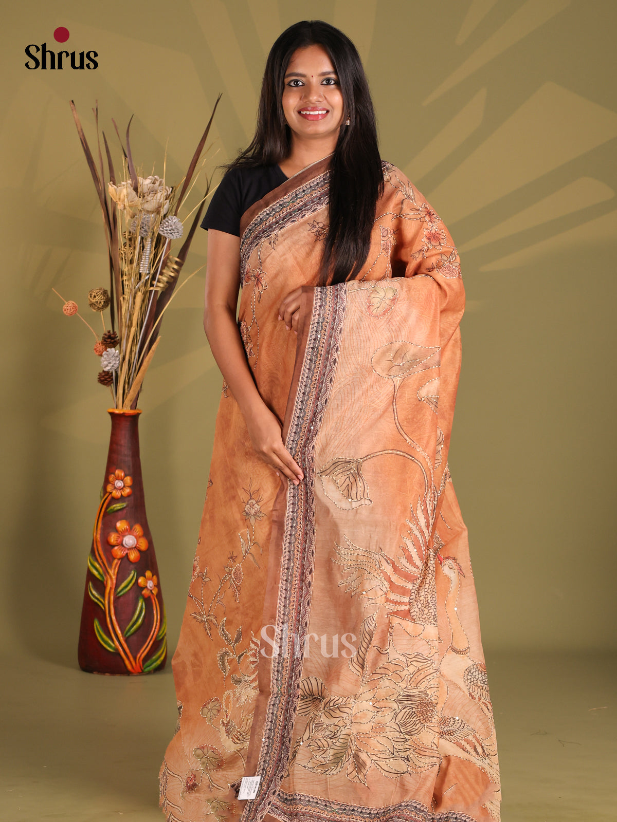 Peach & brown- Semi Kantha Saree