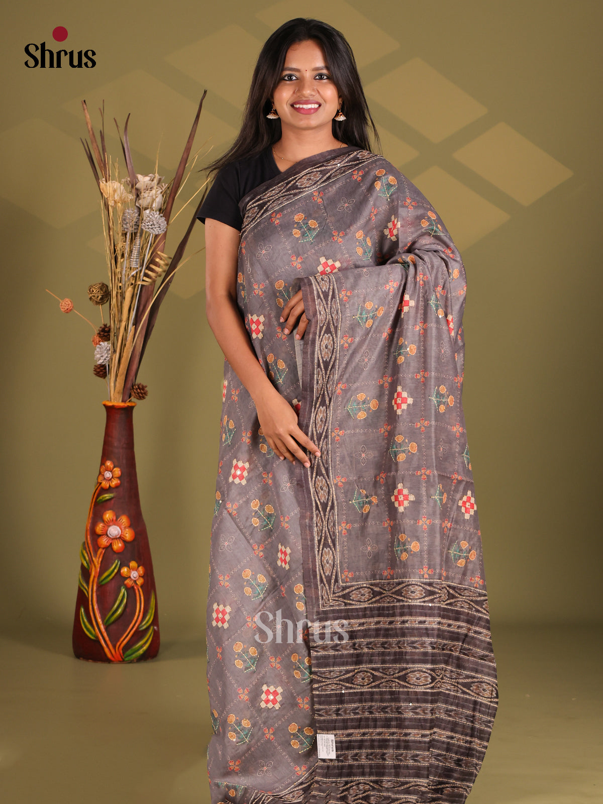 Grey & Black - Semi Kantha Saree