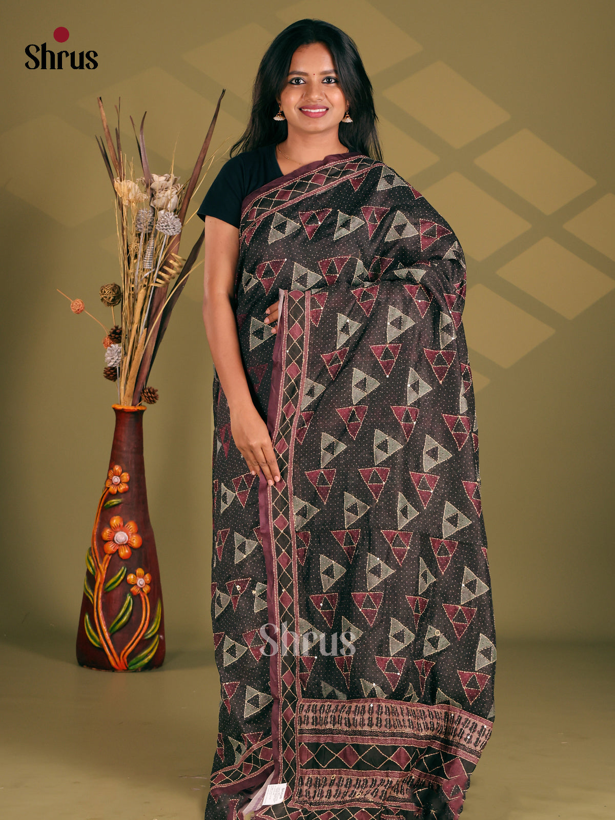 Black & Maroon- Semi Kantha Saree