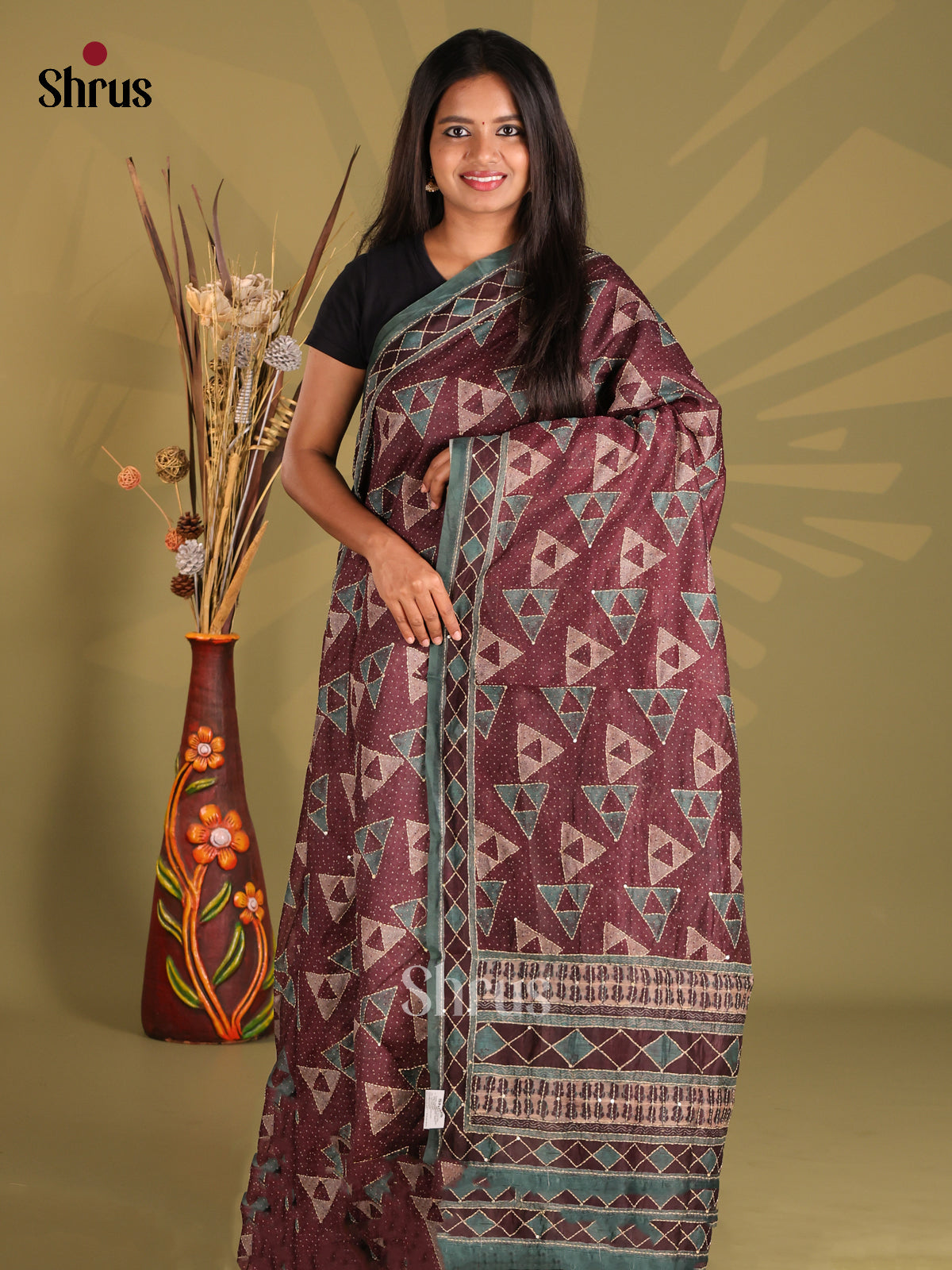 Maroon - Semi Kantha Saree - Shop on Shrus.com