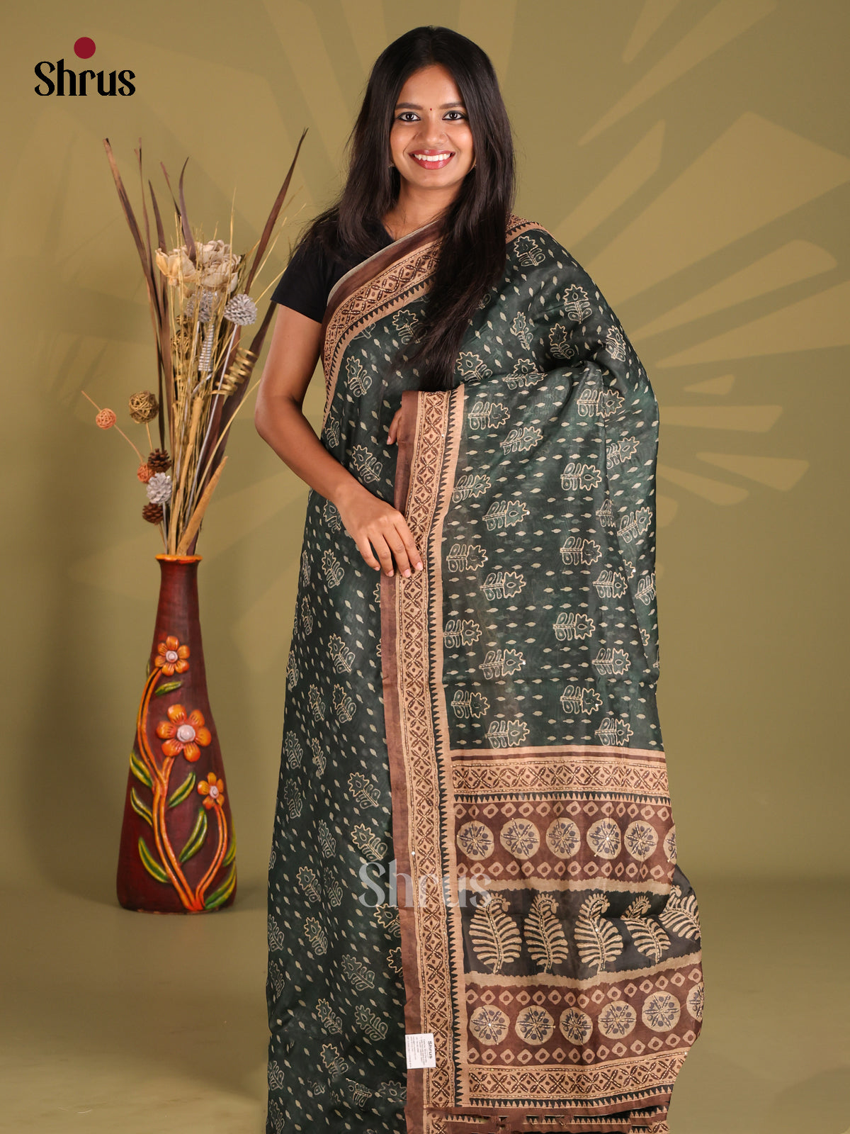 Green & Brown - Semi Kantha Saree