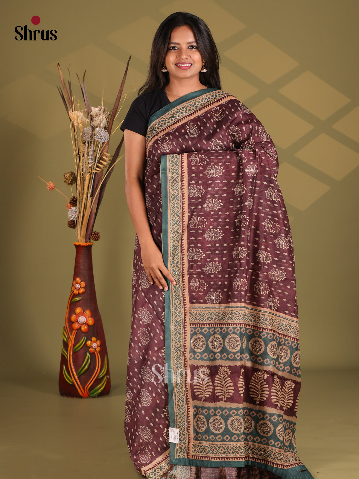 Maroon & Green - Semi Kantha Saree
