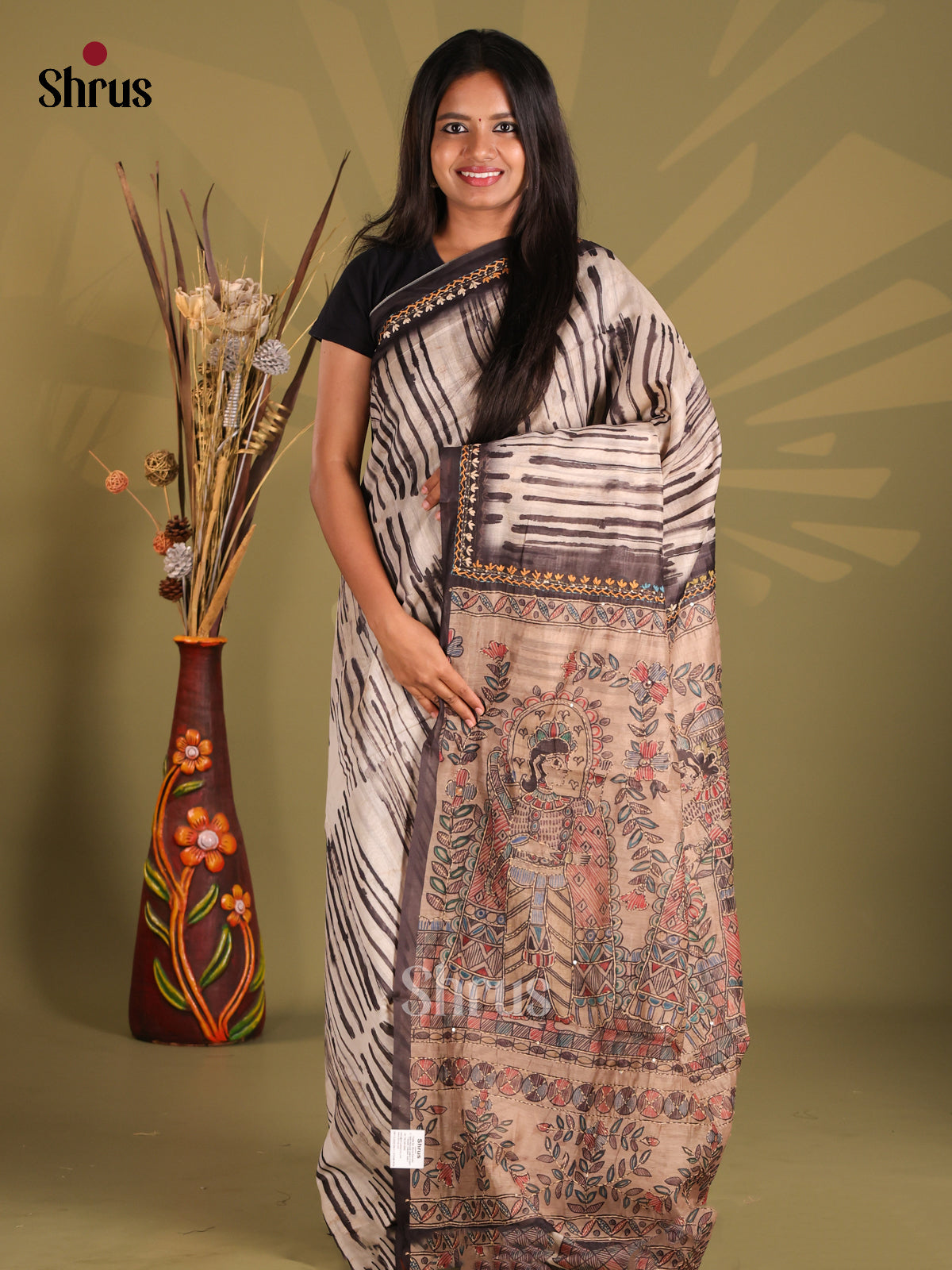 Cream & Brown - Semi Kantha Saree