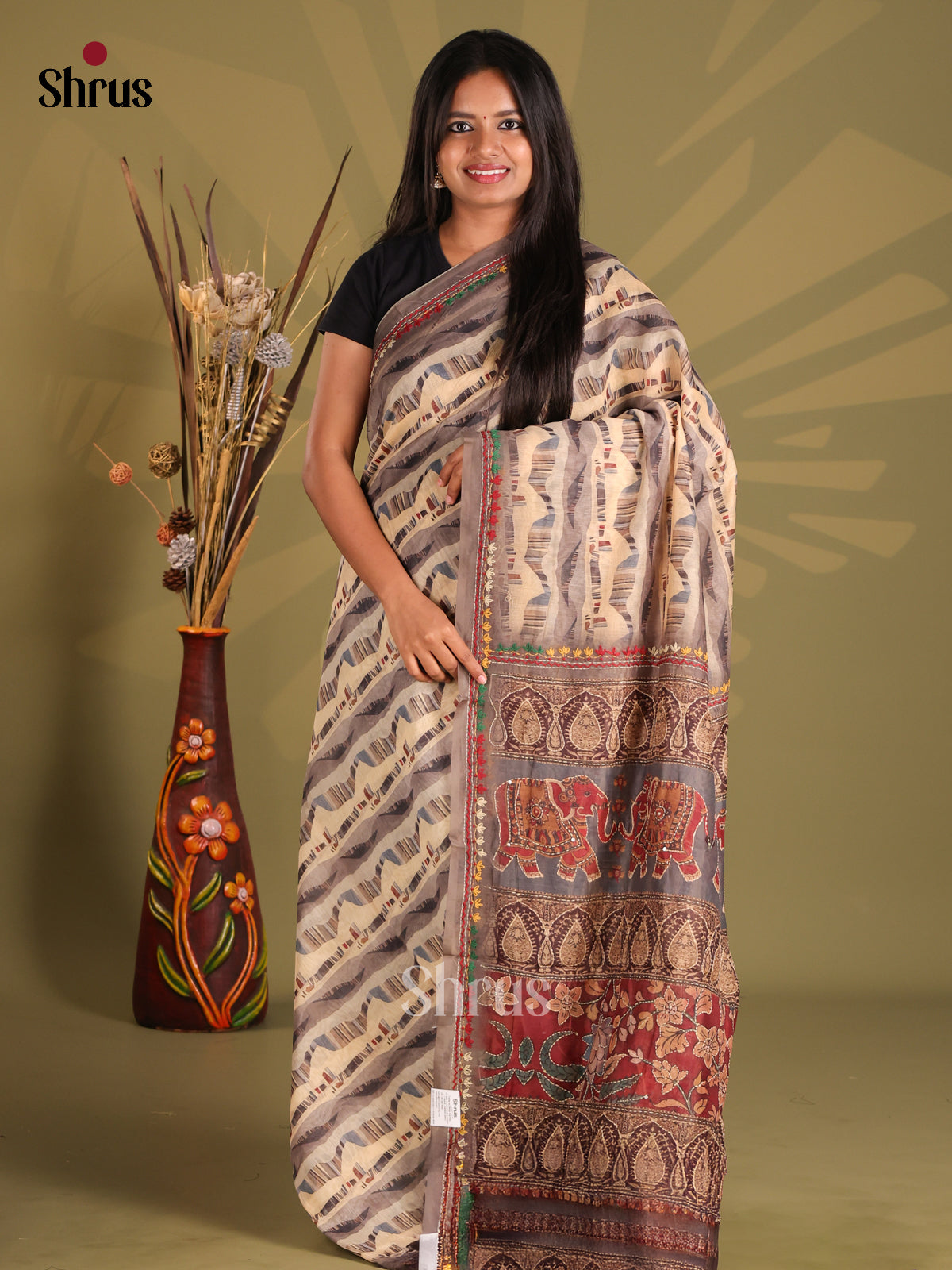 Cream & Grey - Semi Kantha Saree