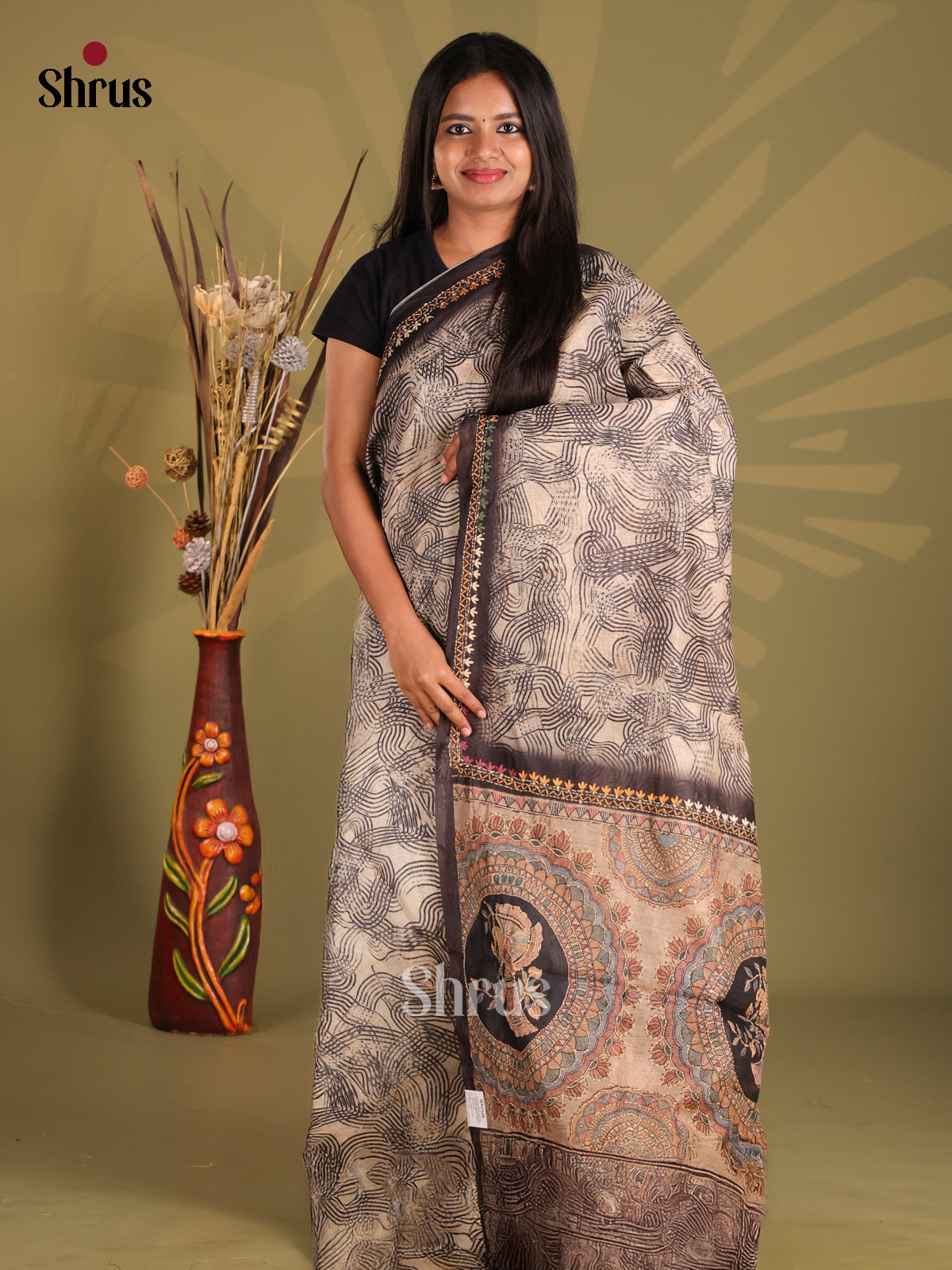 Cream & Brown- Semi Kantha Saree