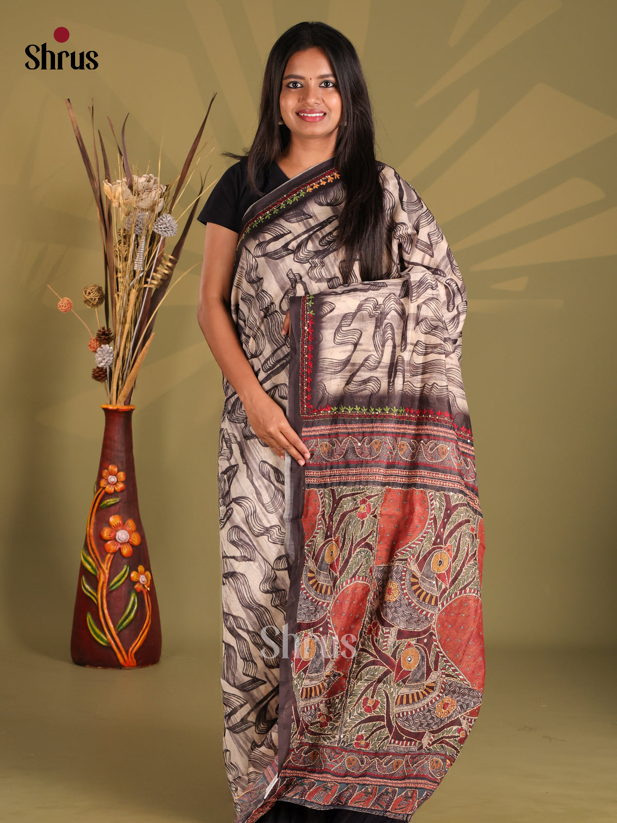 Cream & Black - Semi Kantha Saree