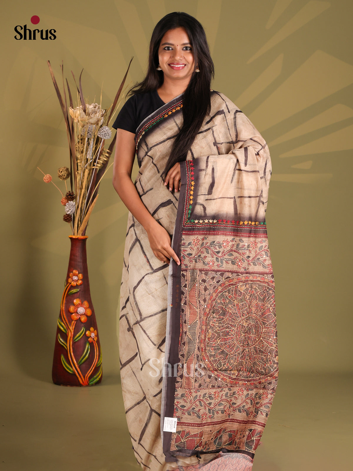 Cream & Brown - Semi Kantha Saree