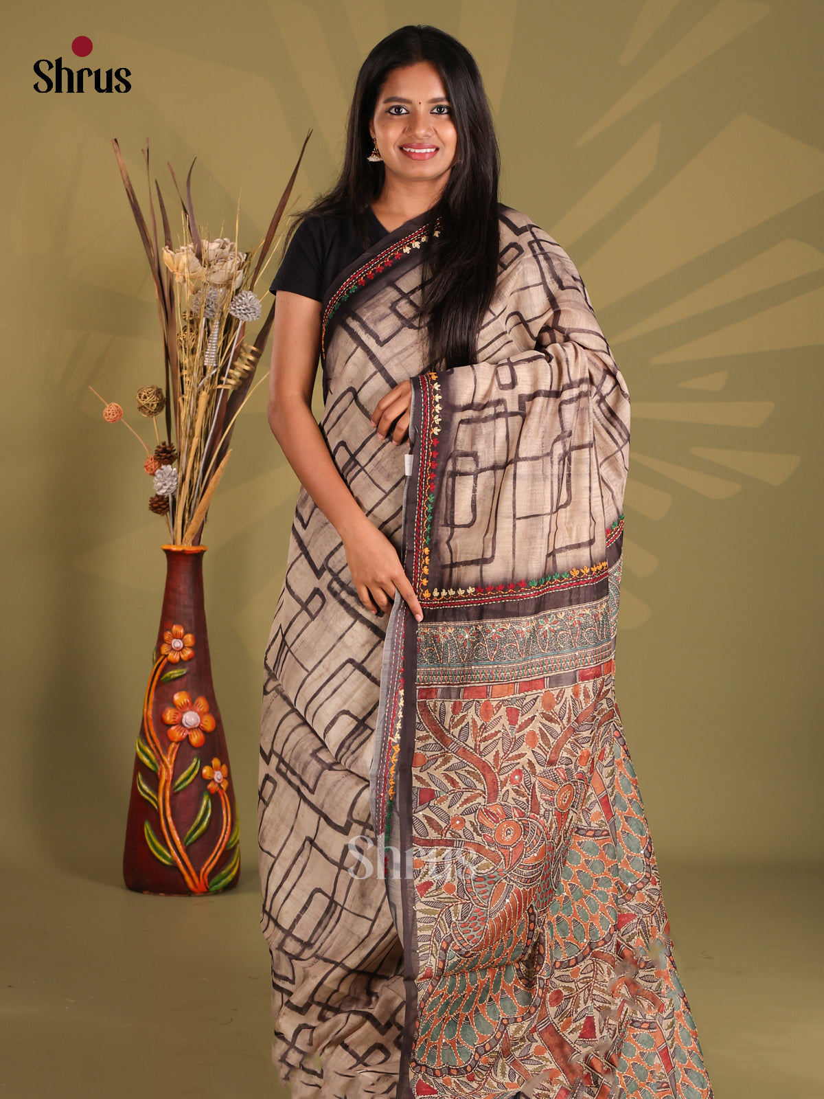 Cream & Brown - Semi Kantha Saree