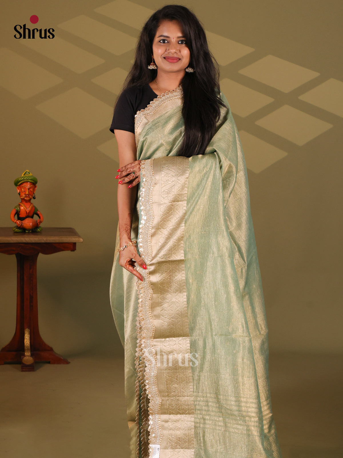 Green - Semi Tissue Saree - Shop on Shrus.com