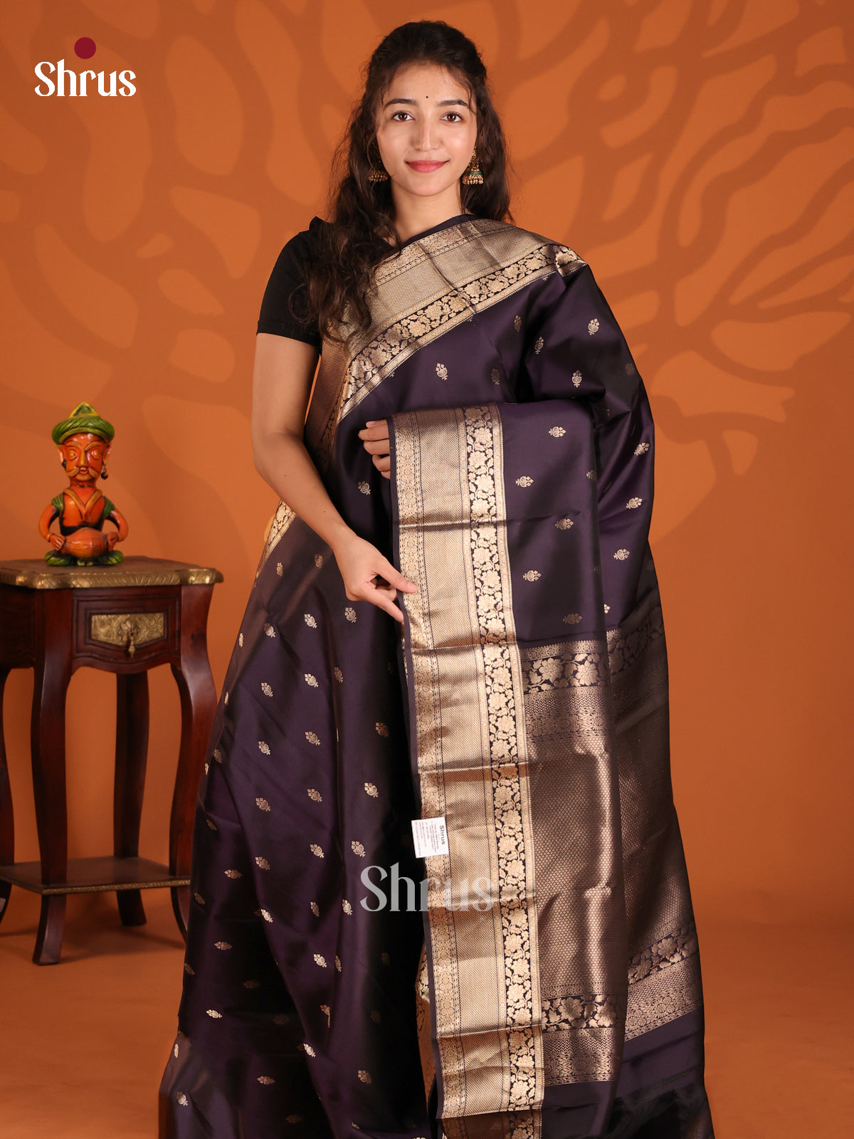Dark Purple single tone Kanchipuram silk Saree with zari floral buttas-1