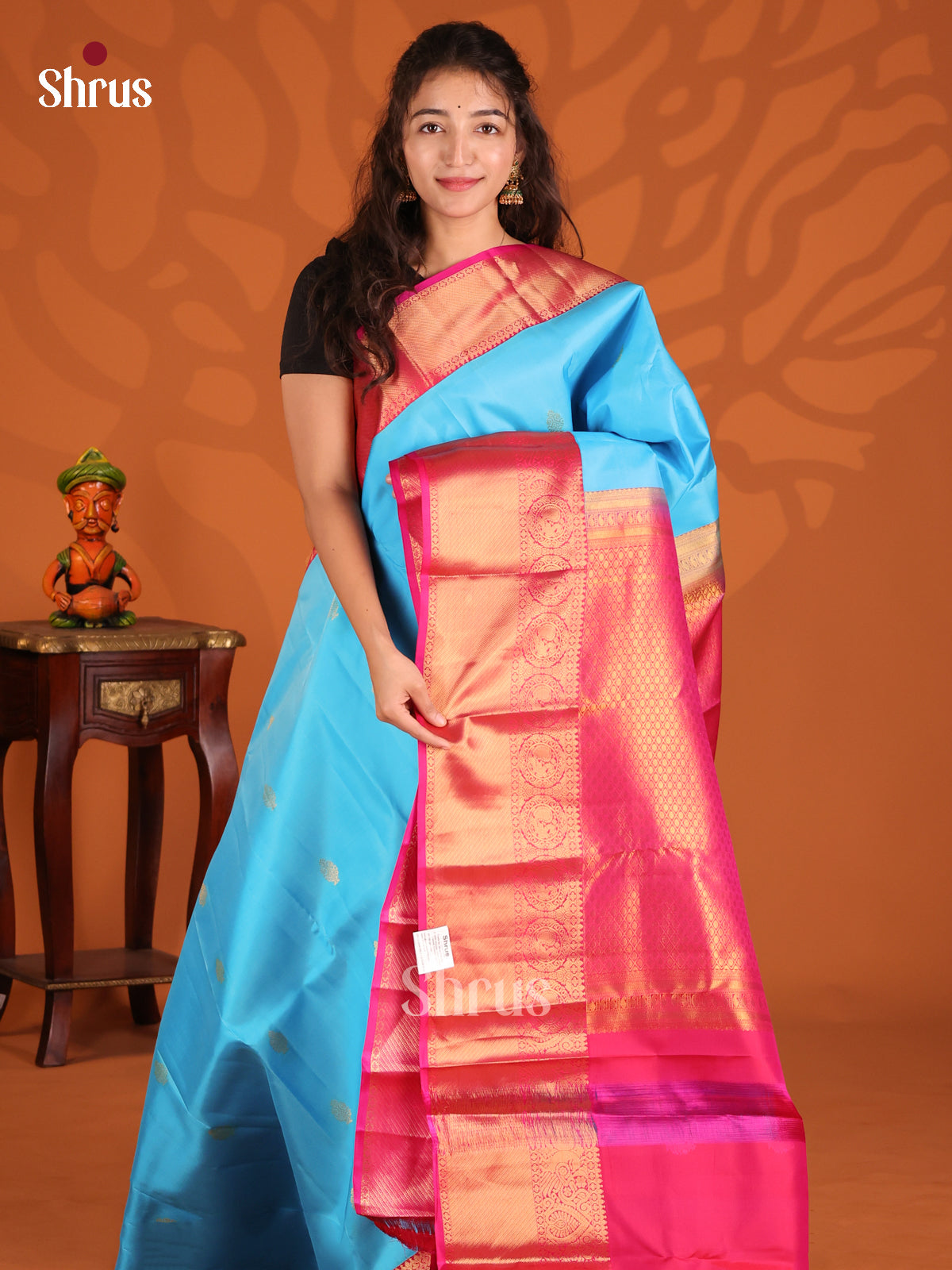 Blue and Pink Kanchipuram silk Saree with zari peacock in circle motifs border-1