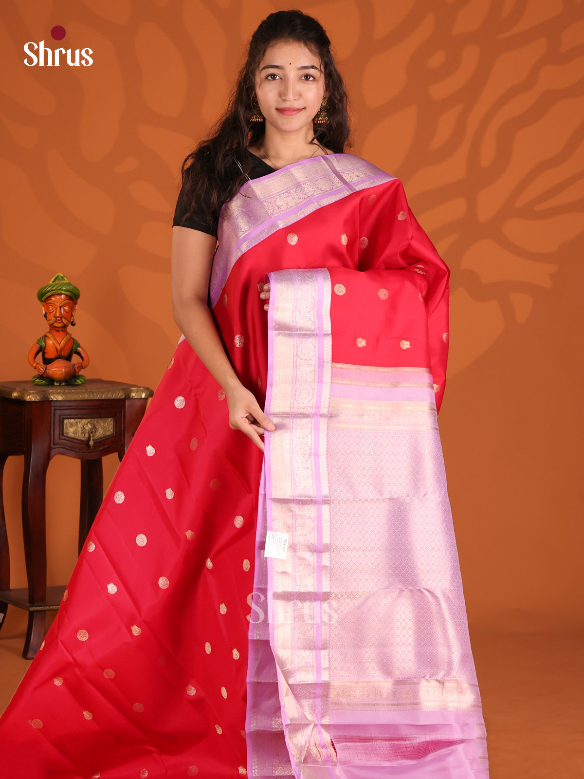 Red & Lavender Kanchipuram silk Saree with zari floral vines border - Shop on Shrus.com