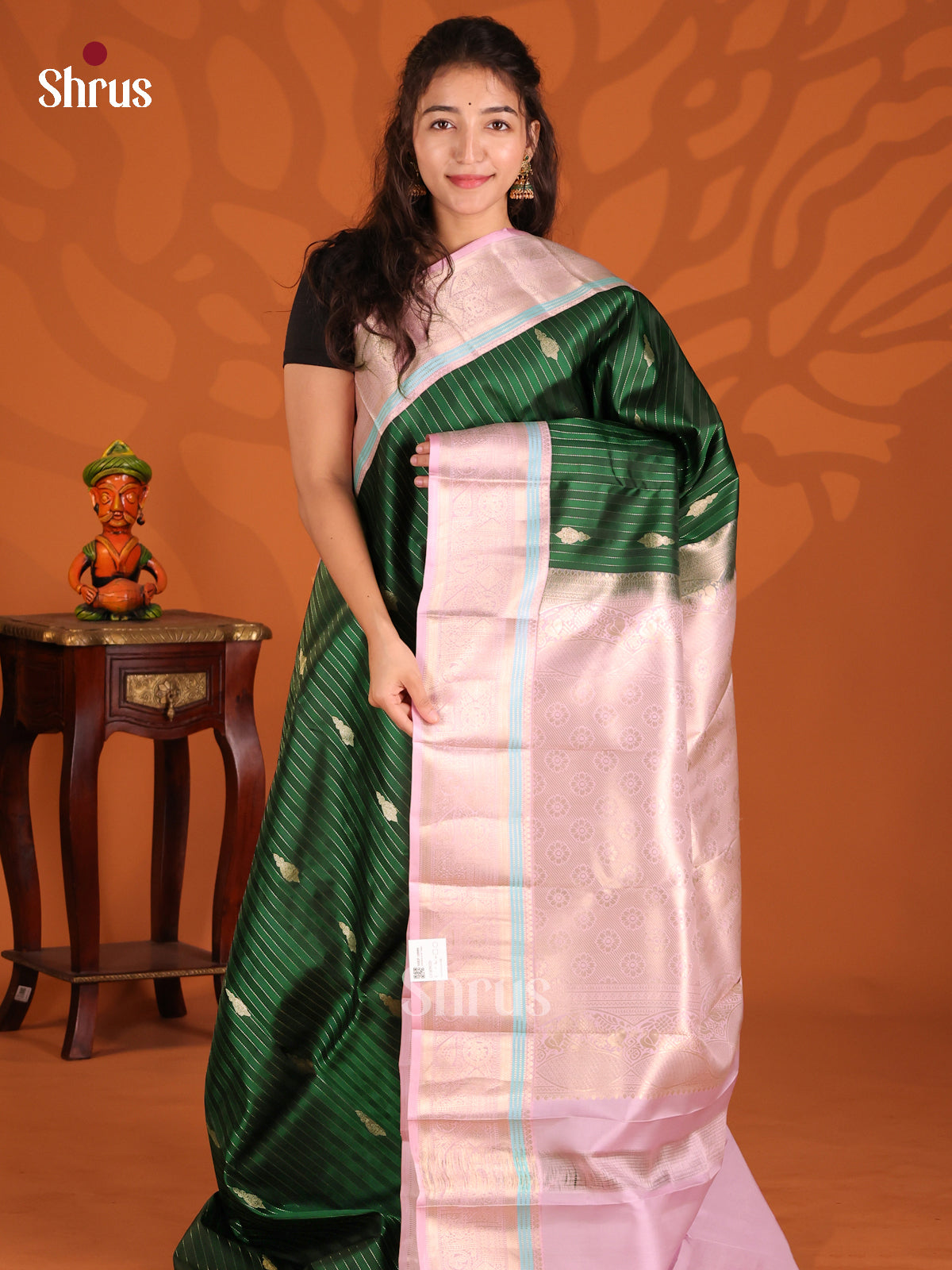 Green & Lavender Kanchipuram silk Saree with zari stripes, buttas - Shop on Shrus.com