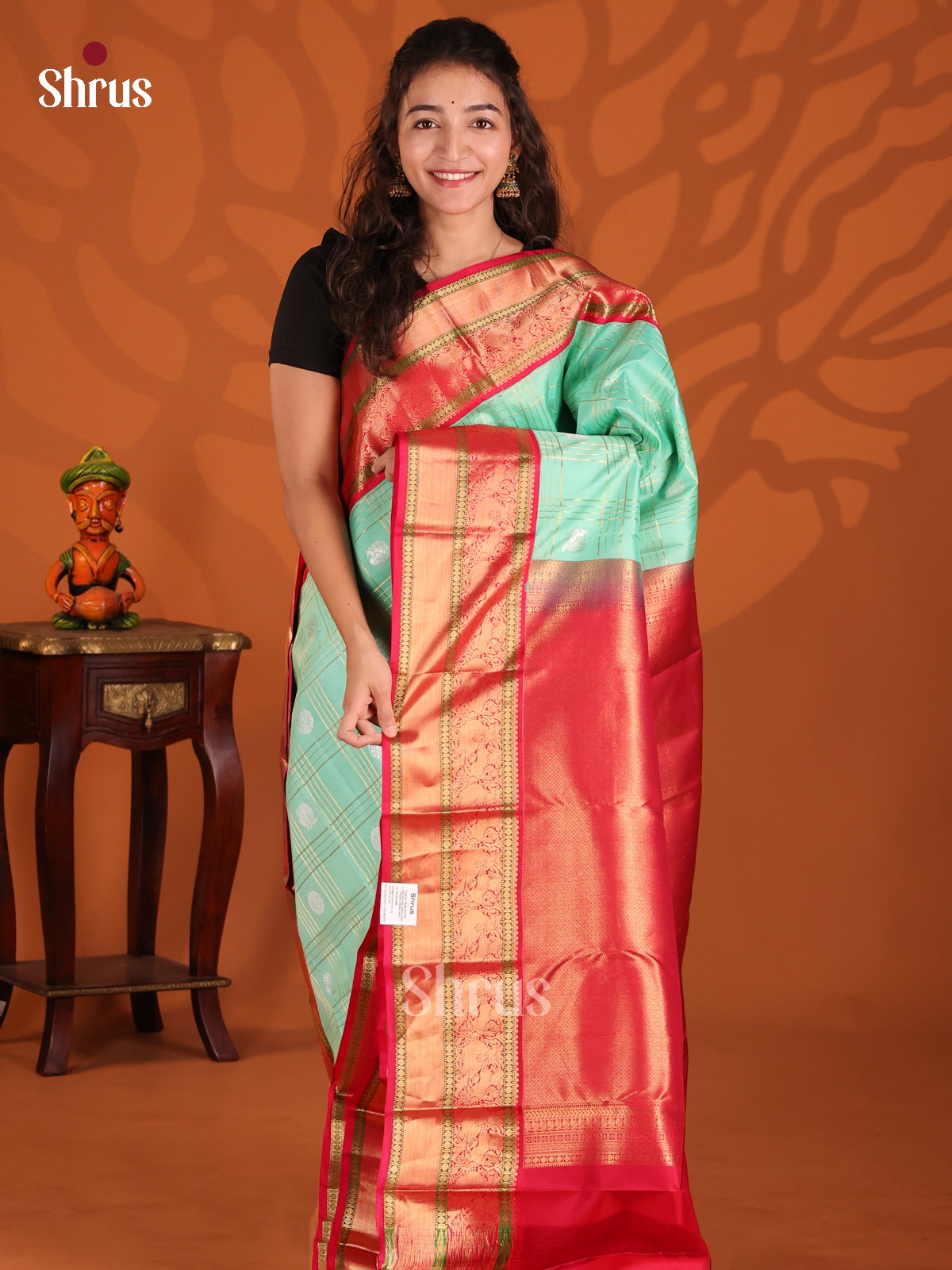 Teal & Maroon Kanchipuram silk Saree with silver zari peacock , floral buttas - Shop on Shrus.com