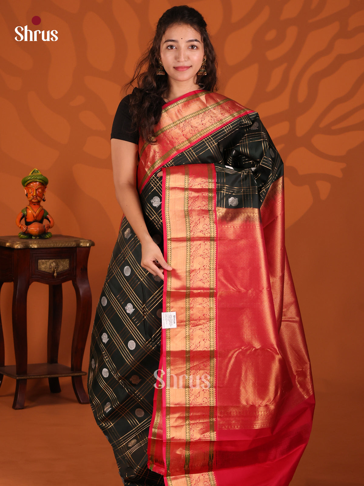 Black & Red Kanchipuram silk Saree with gold zari checks & silver peacock buttas