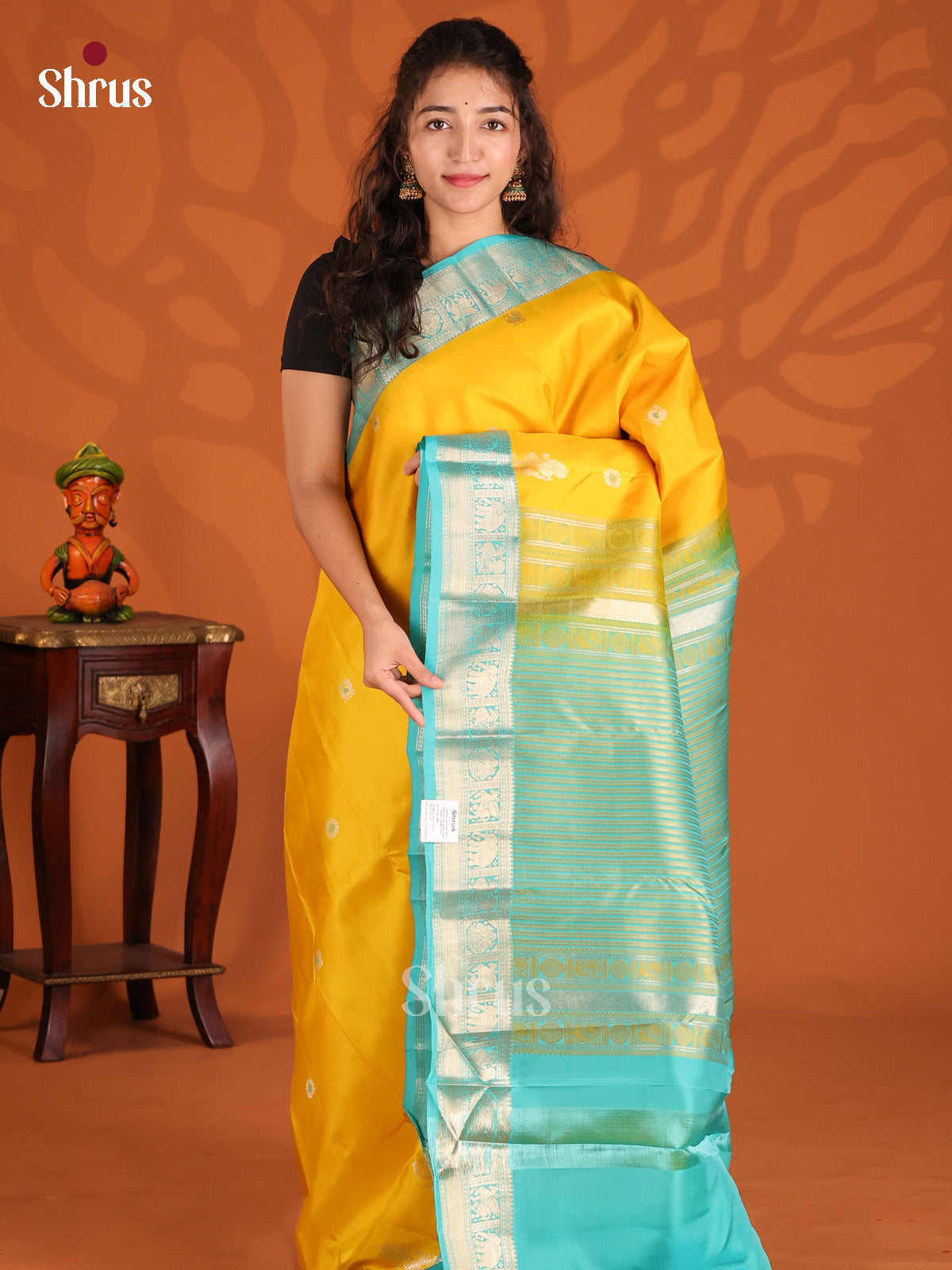 Yellow & Teal Kanchipuram silk Saree with zari peacock & elephant buttas border-1