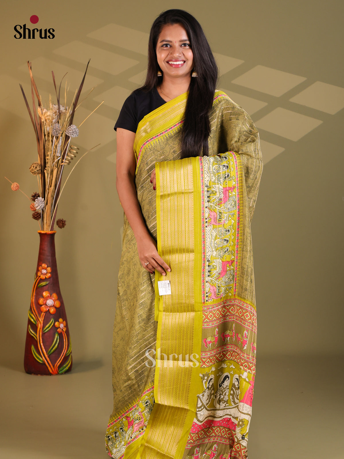 Lime Green - Semi Mysoresilk Saree - Shop on Shrus.com