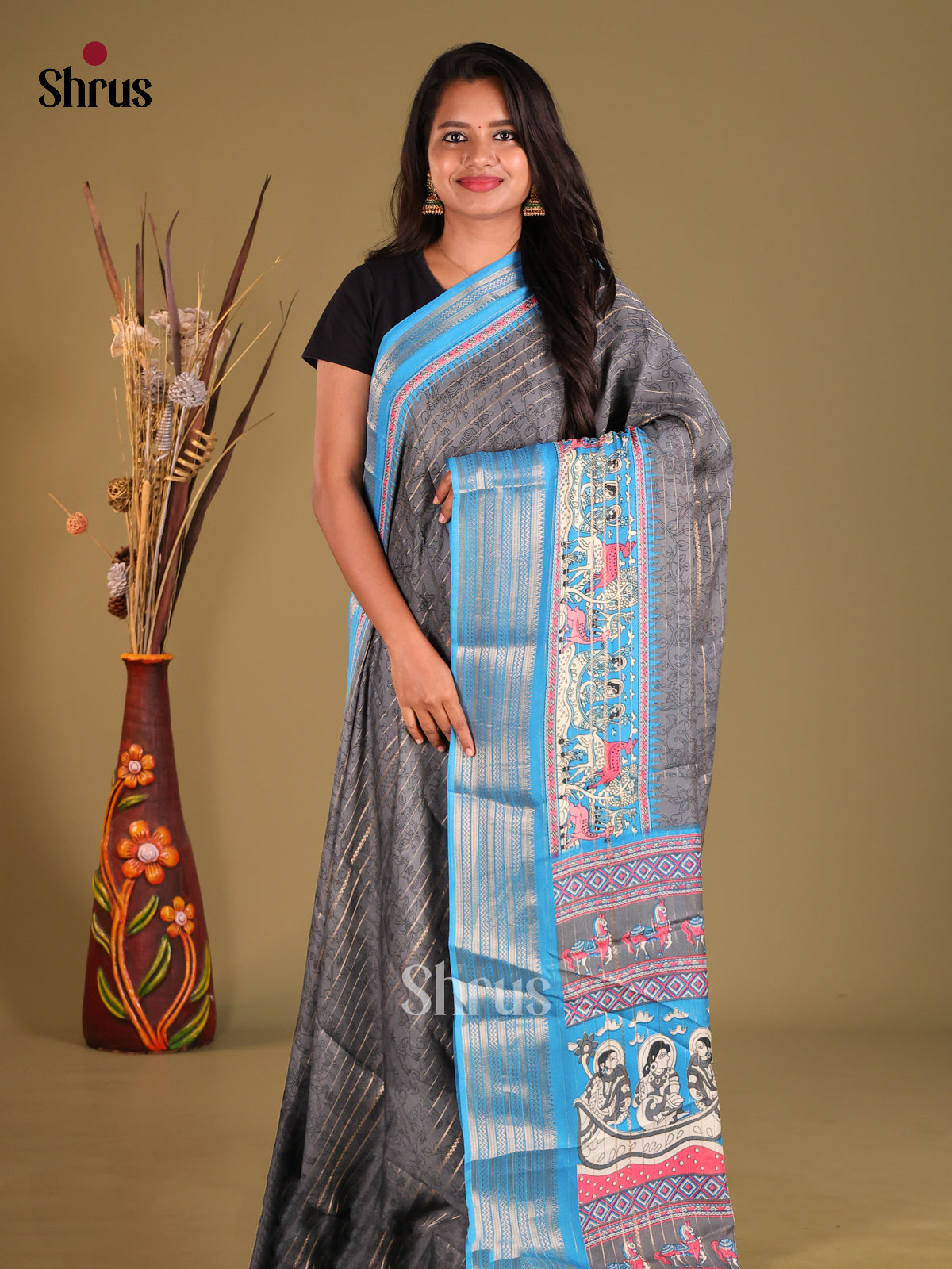 Grey & Blue- Semi Mysoresilk Saree
