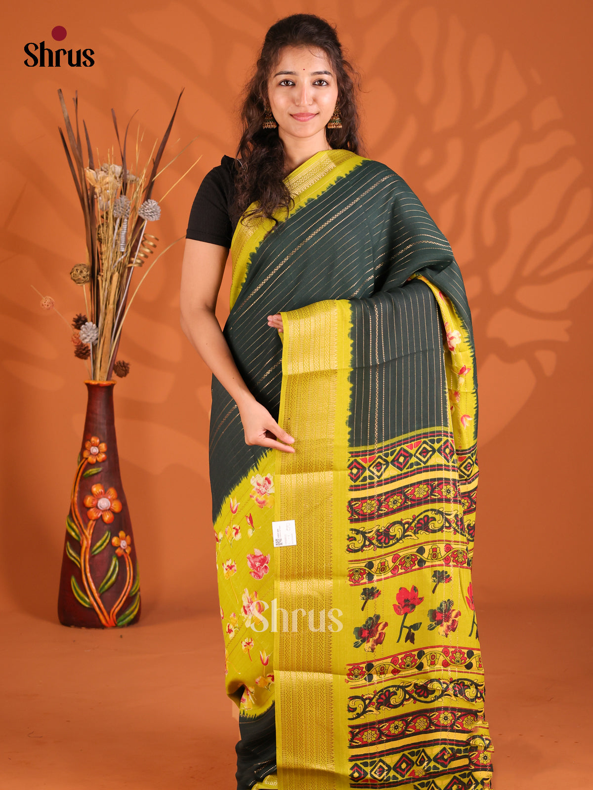 Bottle Green & Lime Green- Semi Mysoresilk Saree