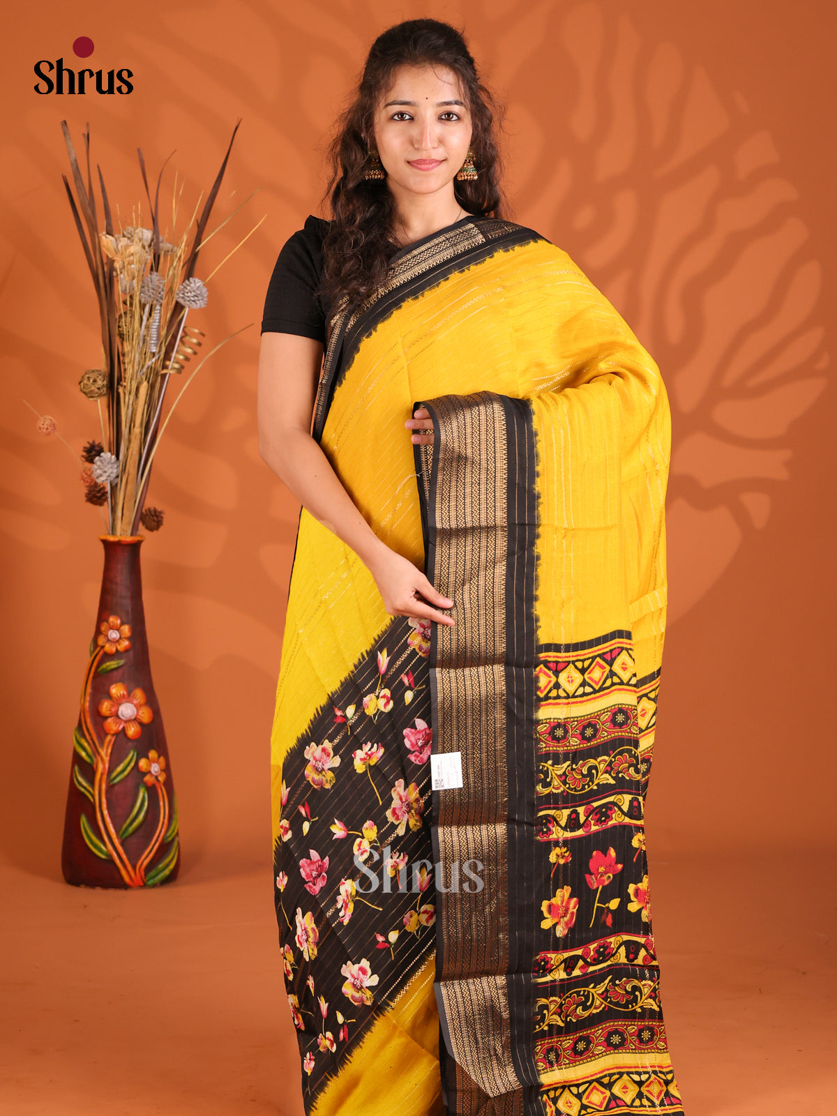 Yellow & Black - Semi Mysoresilk Saree