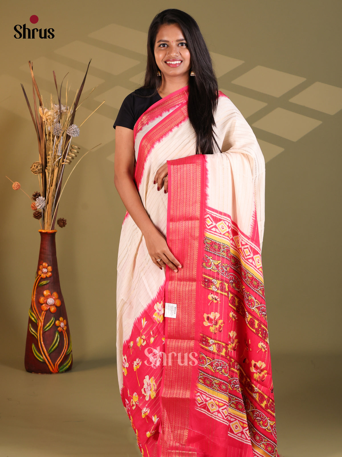 Cream & Red - Semi Mysoresilk Saree - Shop on Shrus.com