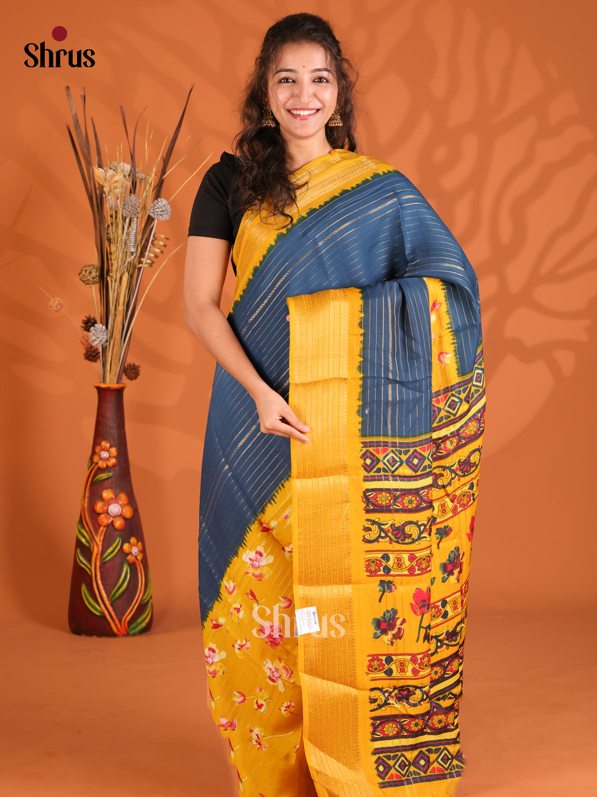 Blue & Yellow - Semi Mysoresilk Saree
