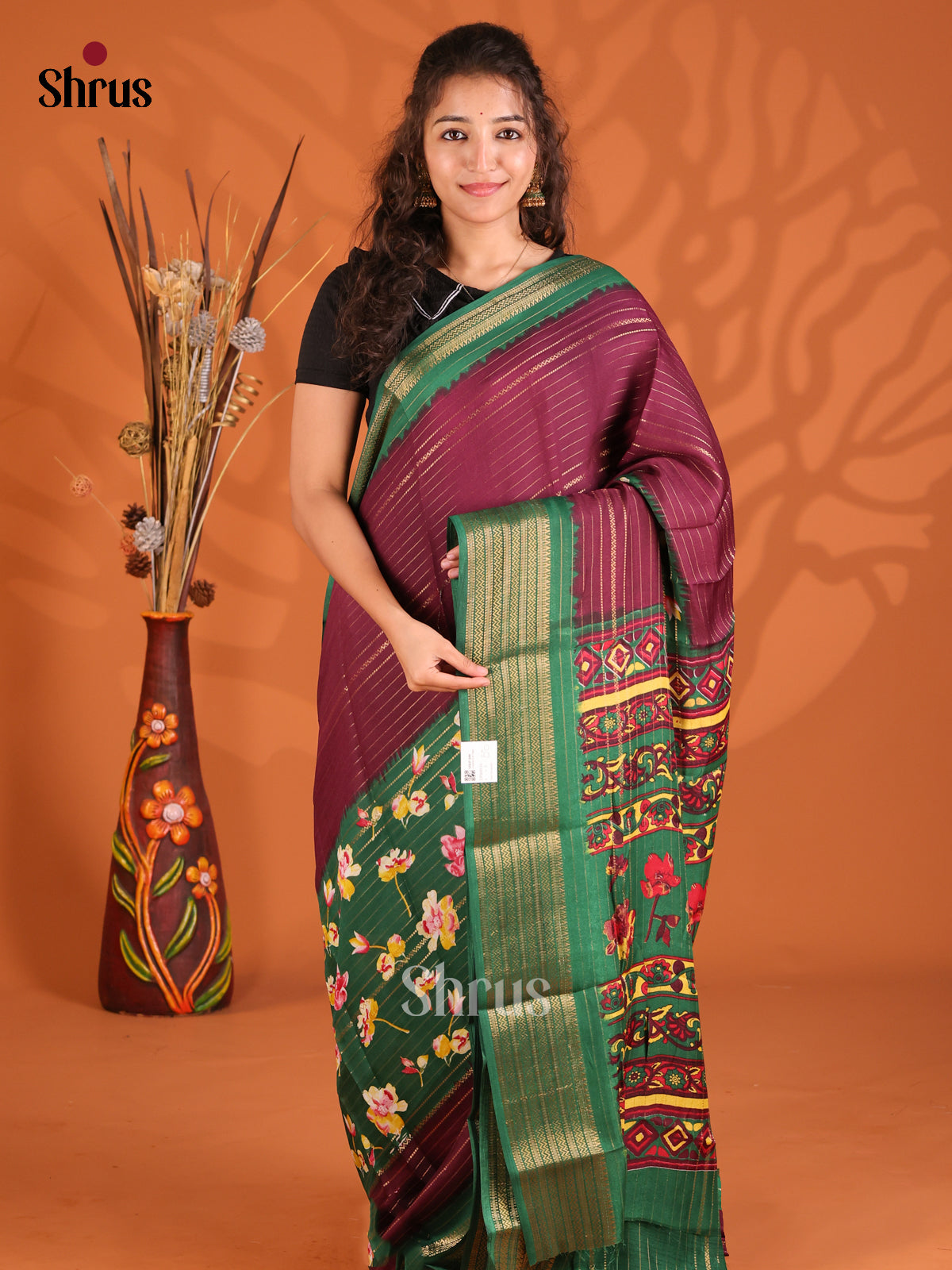 Maroon & Green - Semi Mysoresilk Saree