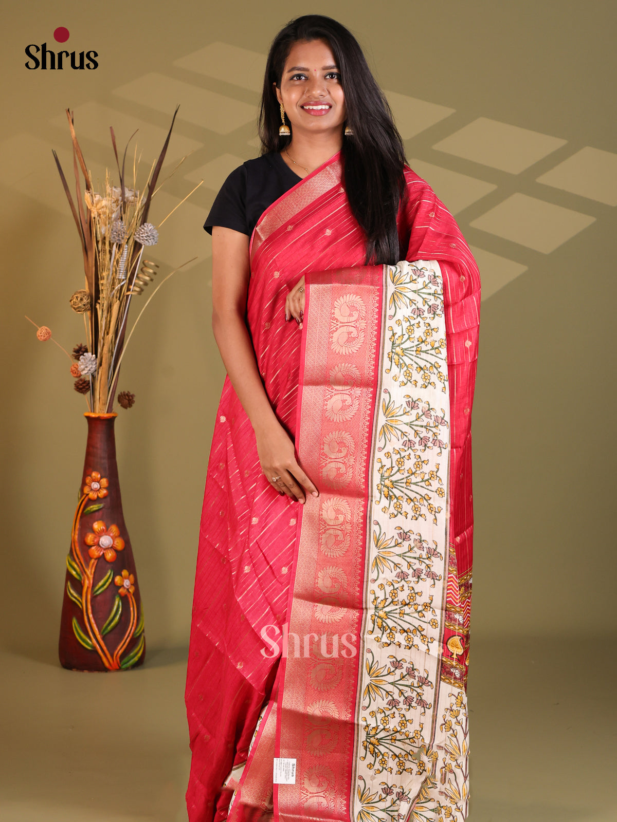 Red & Cream - Semi Mysoresilk Saree - Shop on Shrus.com