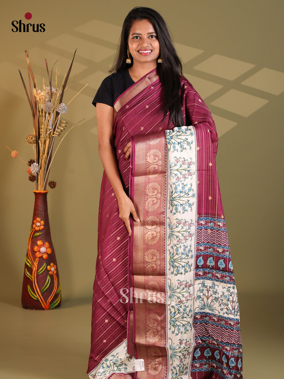 Maroon & Cream - Semi Mysoresilk Saree - Shop on Shrus.com
