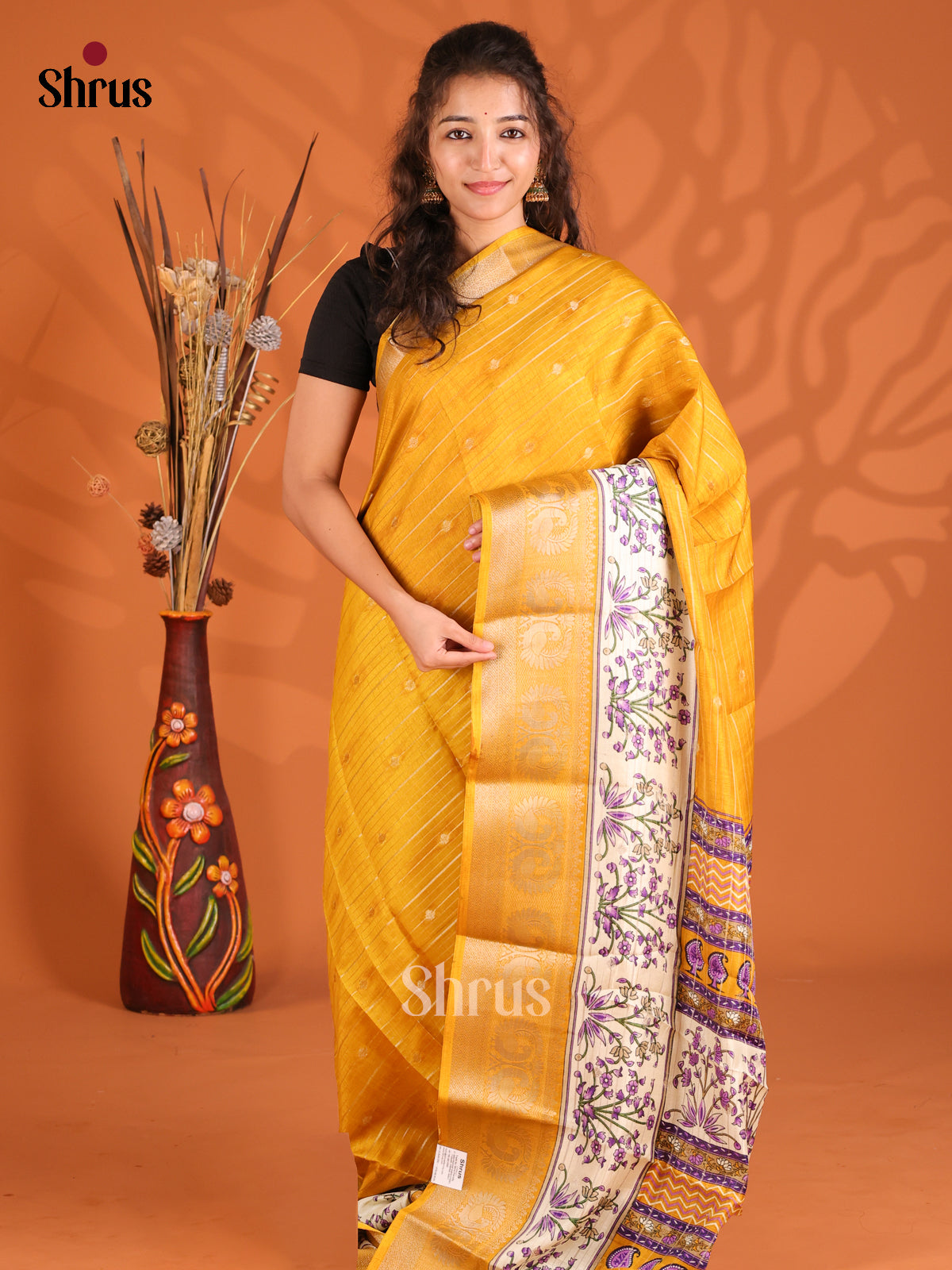 Mustard & Cream - Semi Mysoresilk Saree - Shop on Shrus.com
