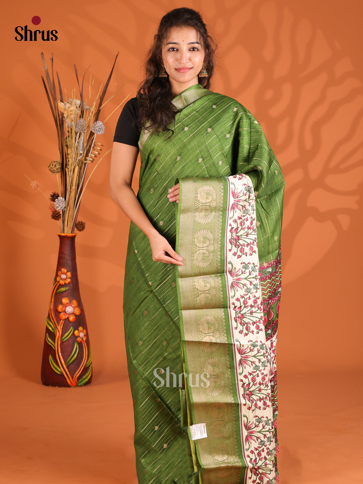 Green & Cream - Semi Mysoresilk Saree
