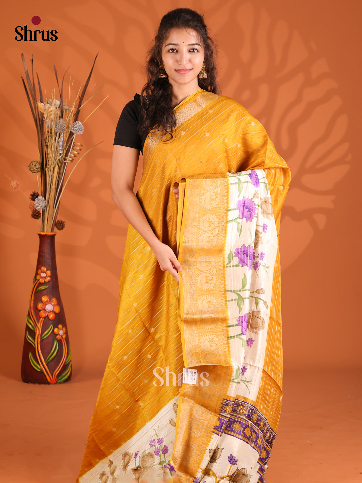 Mustard & Cream - Semi Mysoresilk Saree