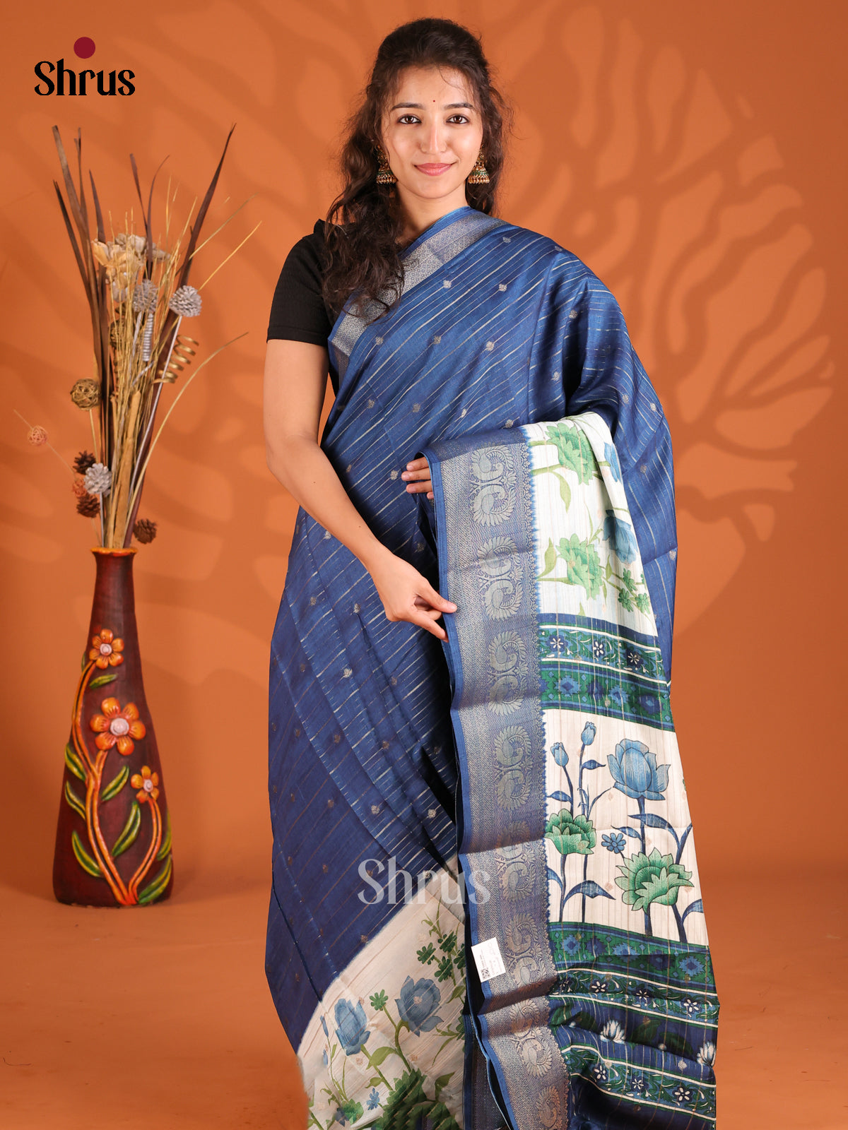 Blue & Cream - Semi Mysoresilk Saree