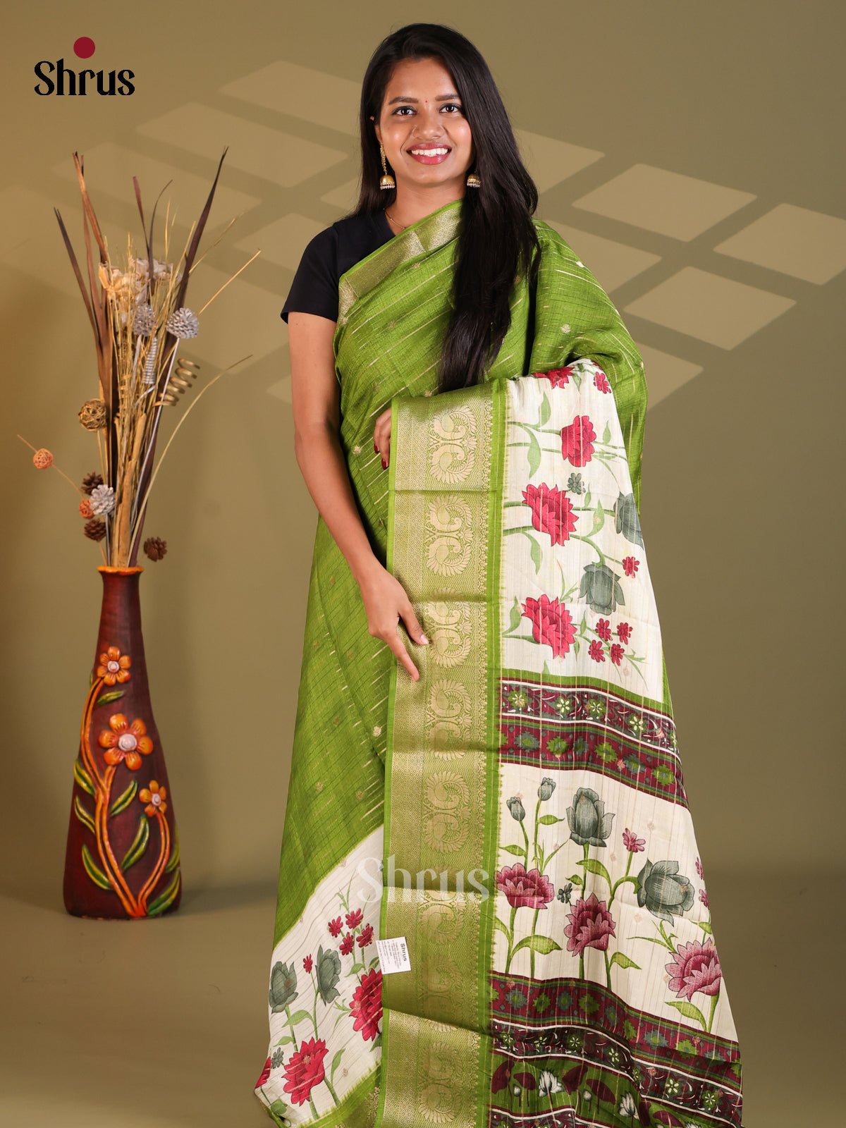 Green & Cream - Semi Mysoresilk Saree - Shop on Shrus.com
