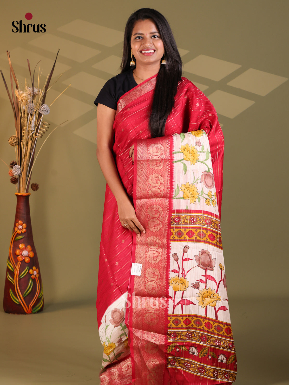 Red & Cream - Semi Mysoresilk Saree - Shop on Shrus.com