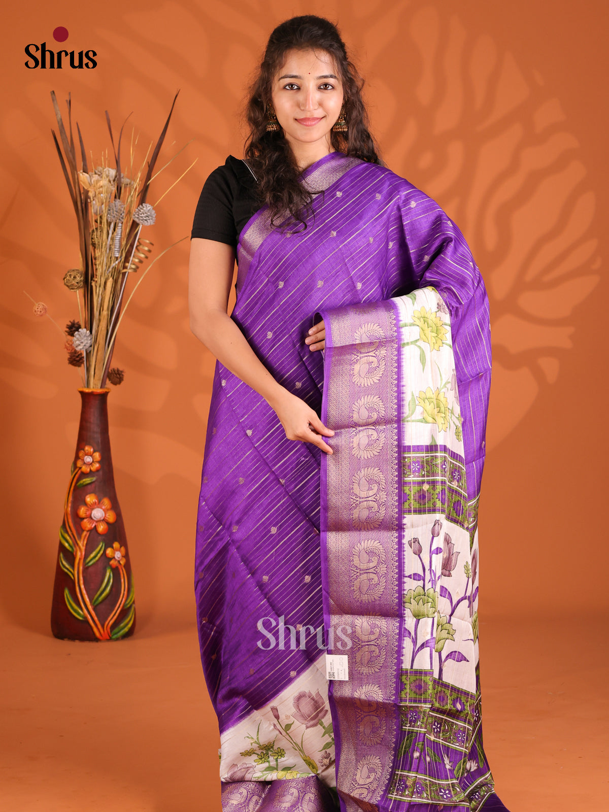 Purple & Cream - Semi Mysoresilk Saree