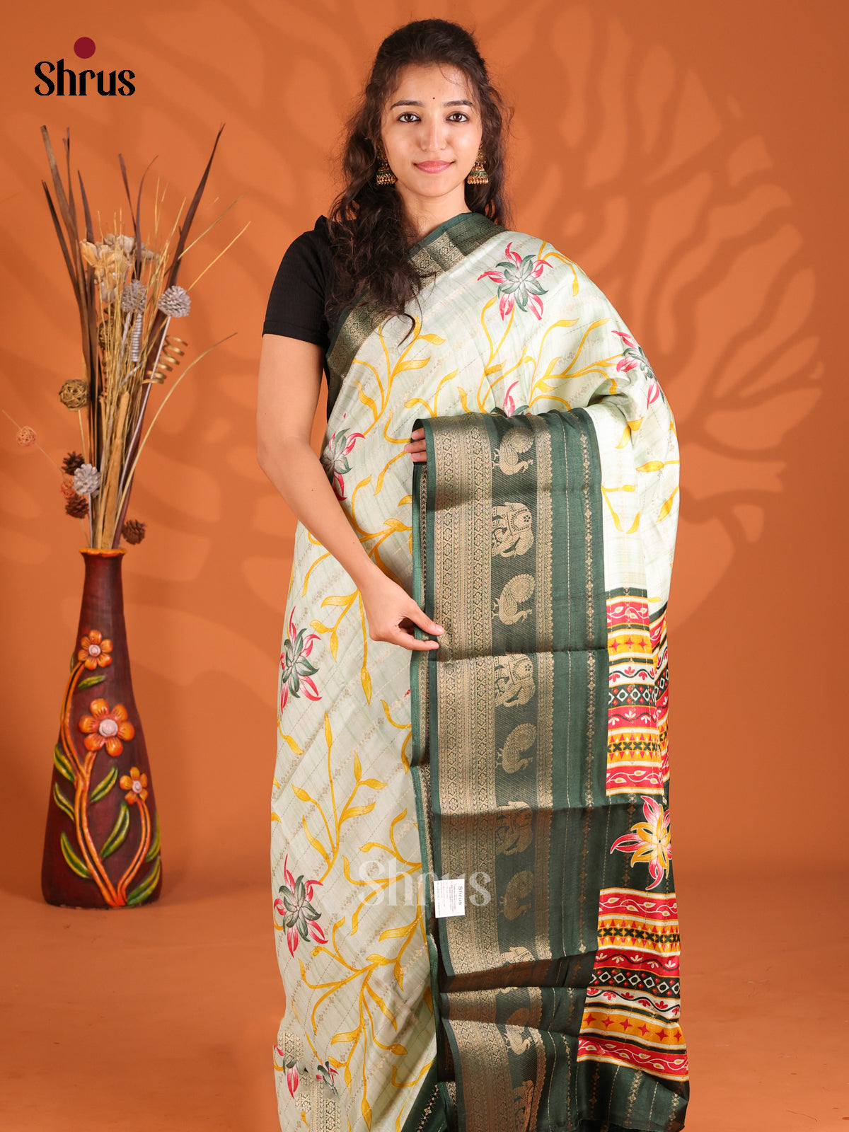 Pastel Green & Green - Semi Mysoresilk Saree - Shop on Shrus.com