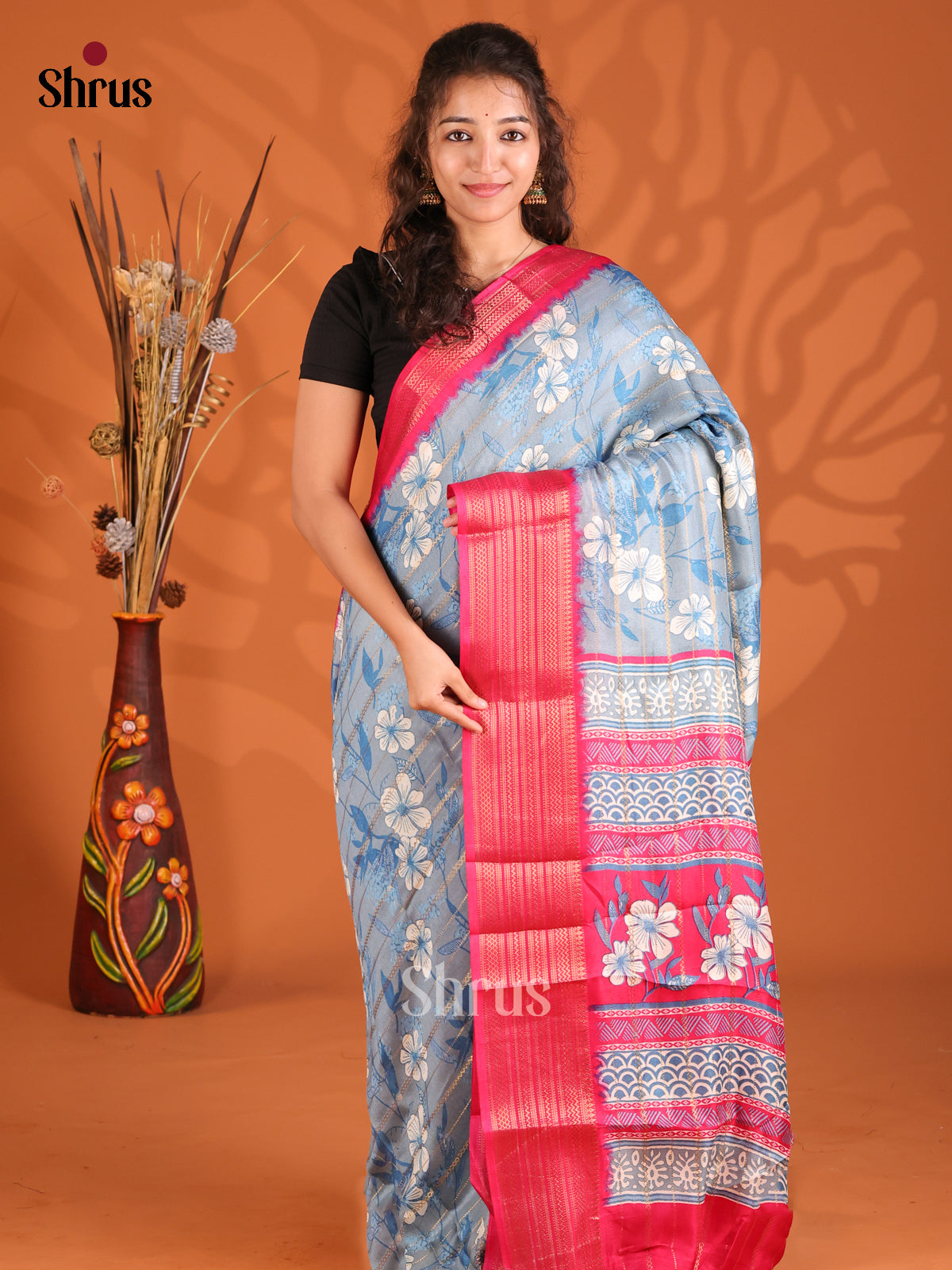 Blue & Pink - Semi Mysoresilk Saree
