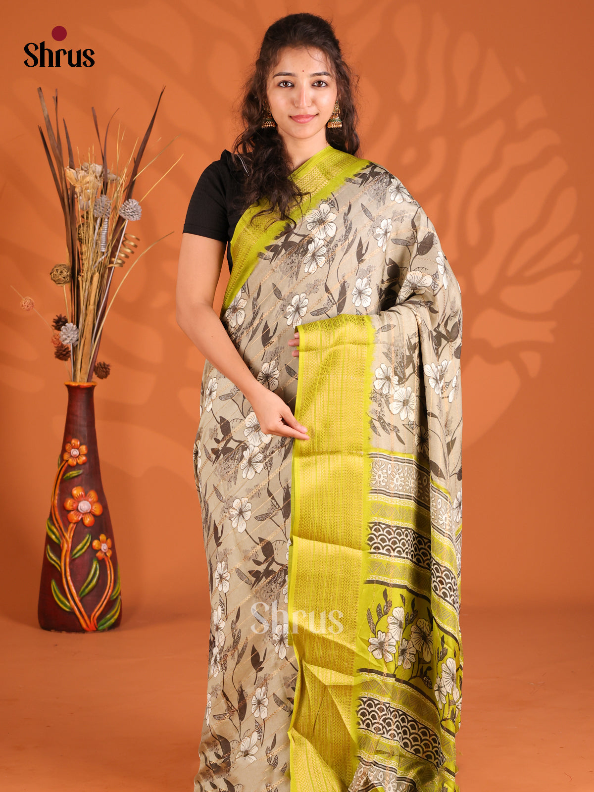 Grey & Light Green - Semi Mysoresilk Saree