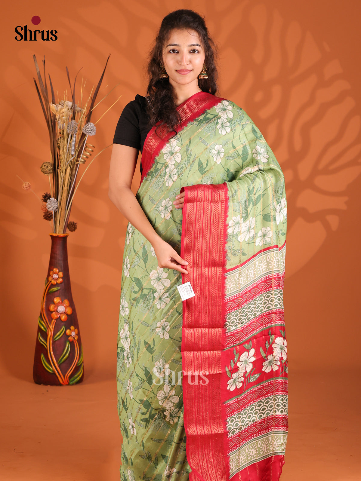 Green & Red - Semi Mysoresilk Saree