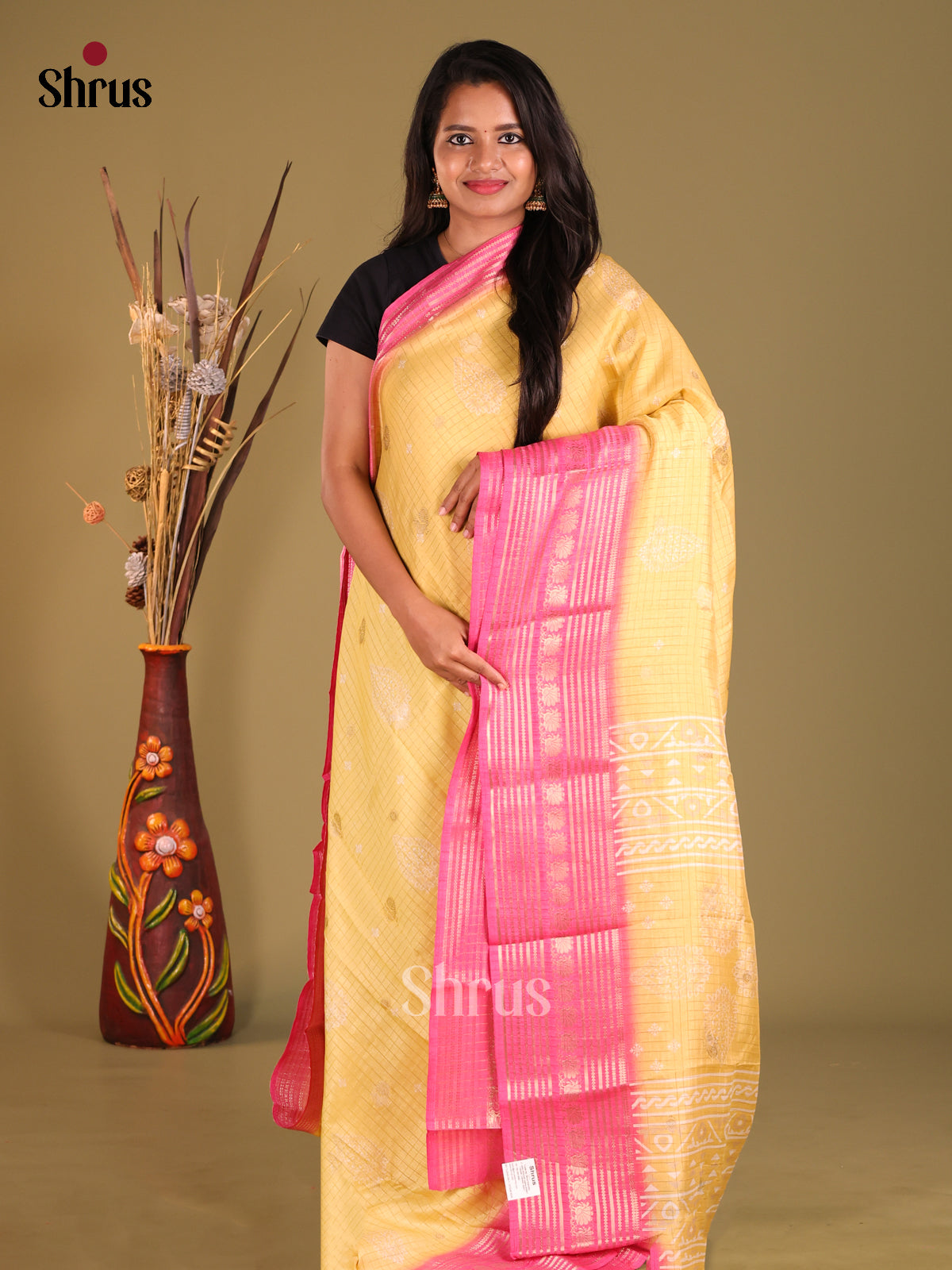 Yellow & Pink - Semi Mysoresilk Saree - Shop on Shrus.com