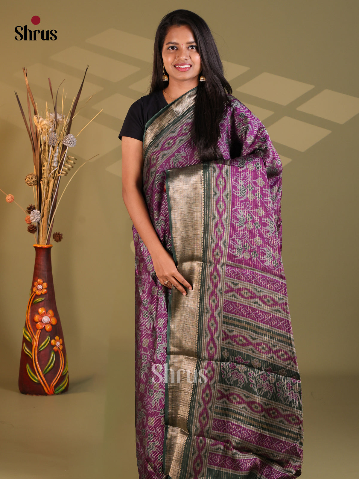 Purple & Green - Semi Mysoresilk Saree - Shop on Shrus.com