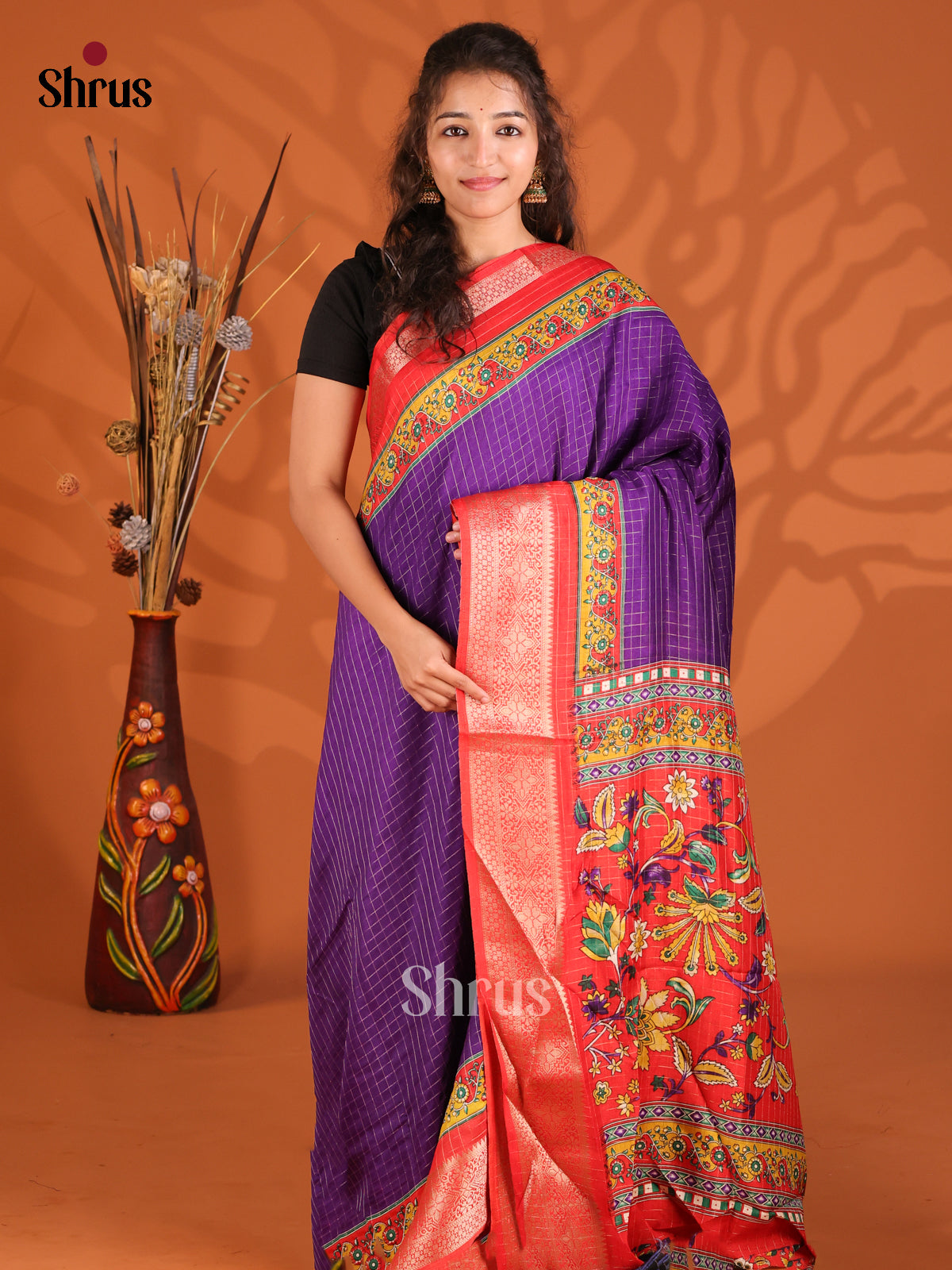 Purple & Red- Semi Dola silk Saree - Shop on Shrus.com