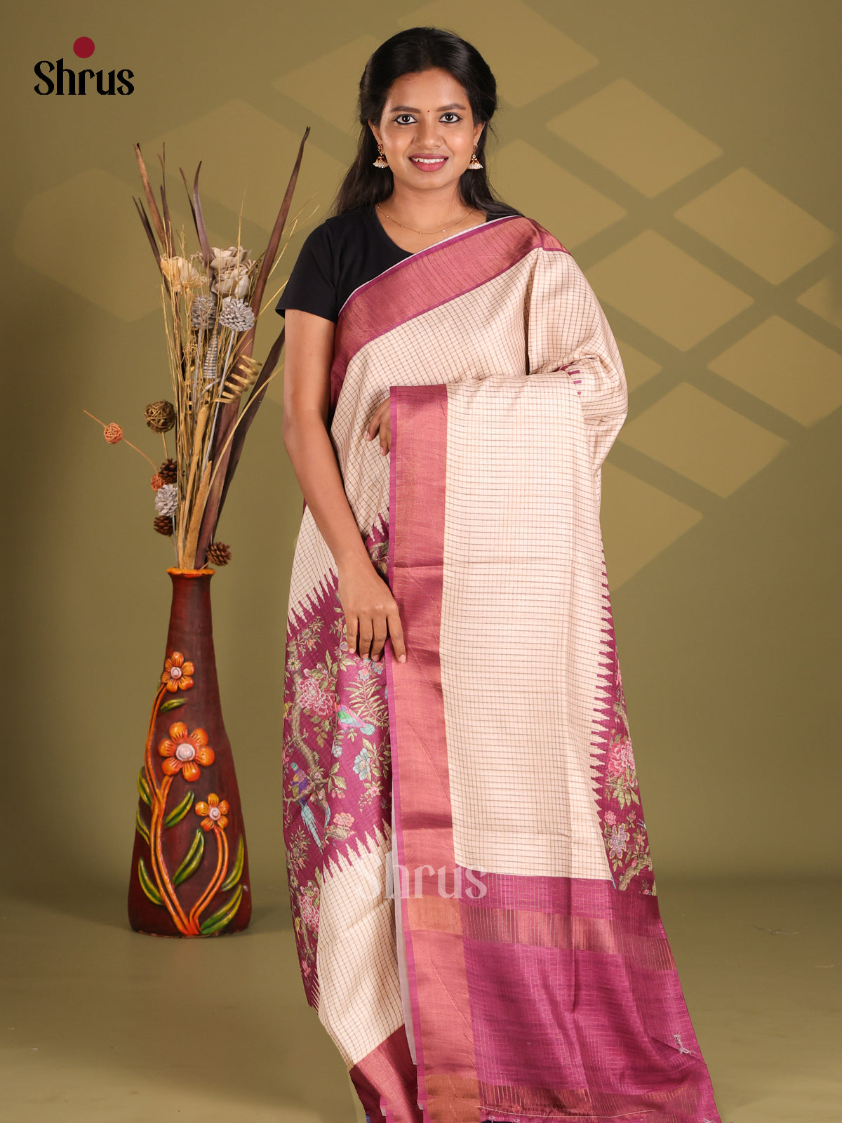 Cream & Purple - Champa semitussar Saree - Shop on Shrus.com